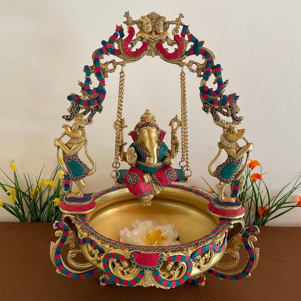 Ganesha Swing Decorative Brass Urli Stonework - Festive Decor