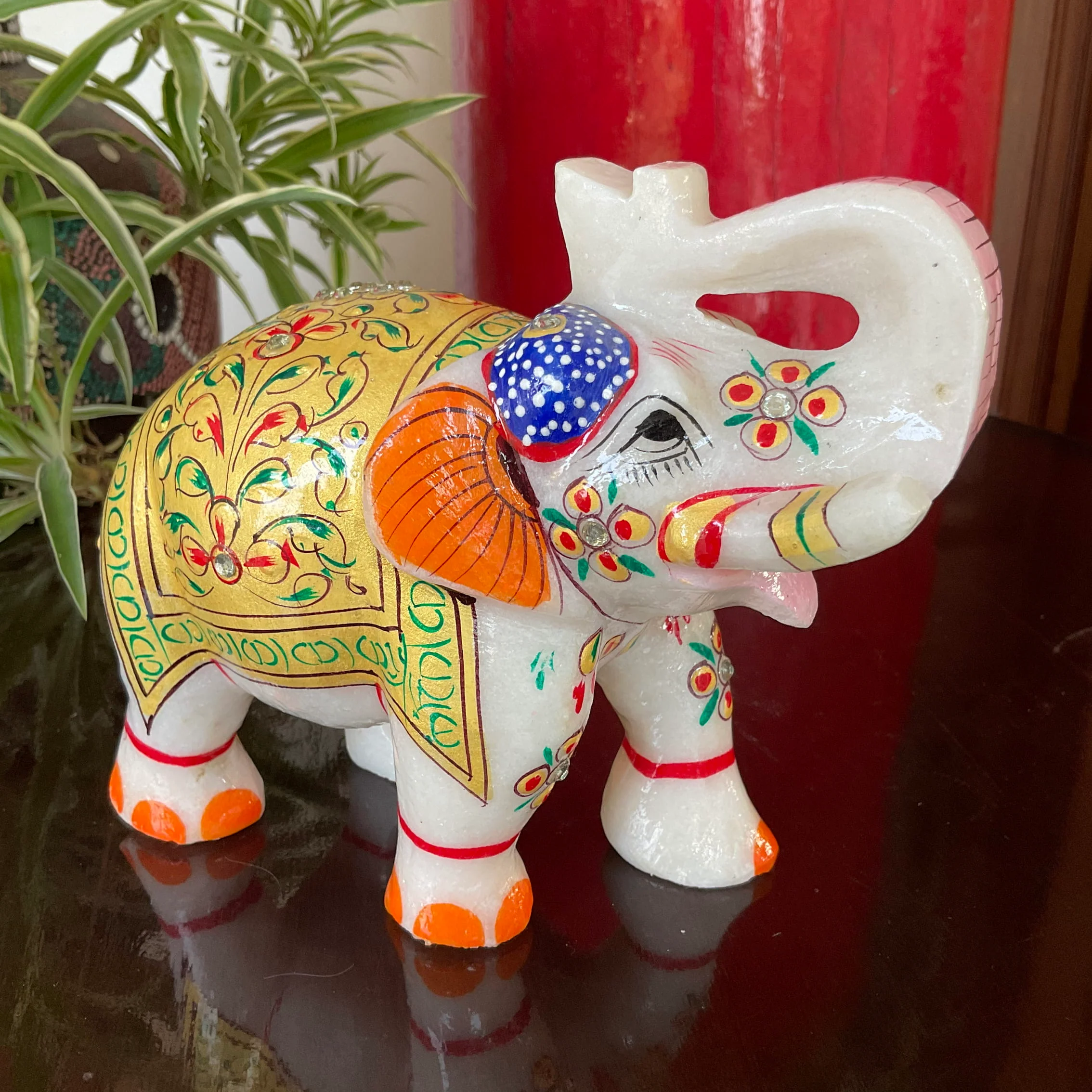 Handcrafted 5 Inches Marble Elephant (Set of 2) - Meenakari Stone Art - Table Animal Decor