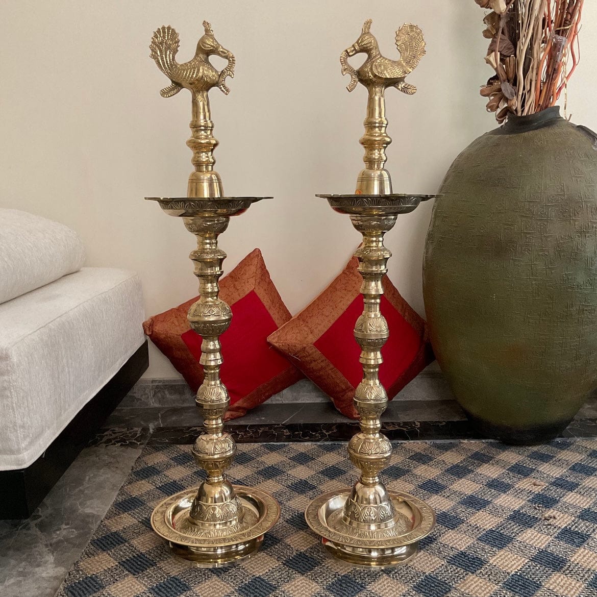 35 Inches Annapakshi Nilavilakku (Set of 2) - Handmade Brass lamp - Decorative Decor