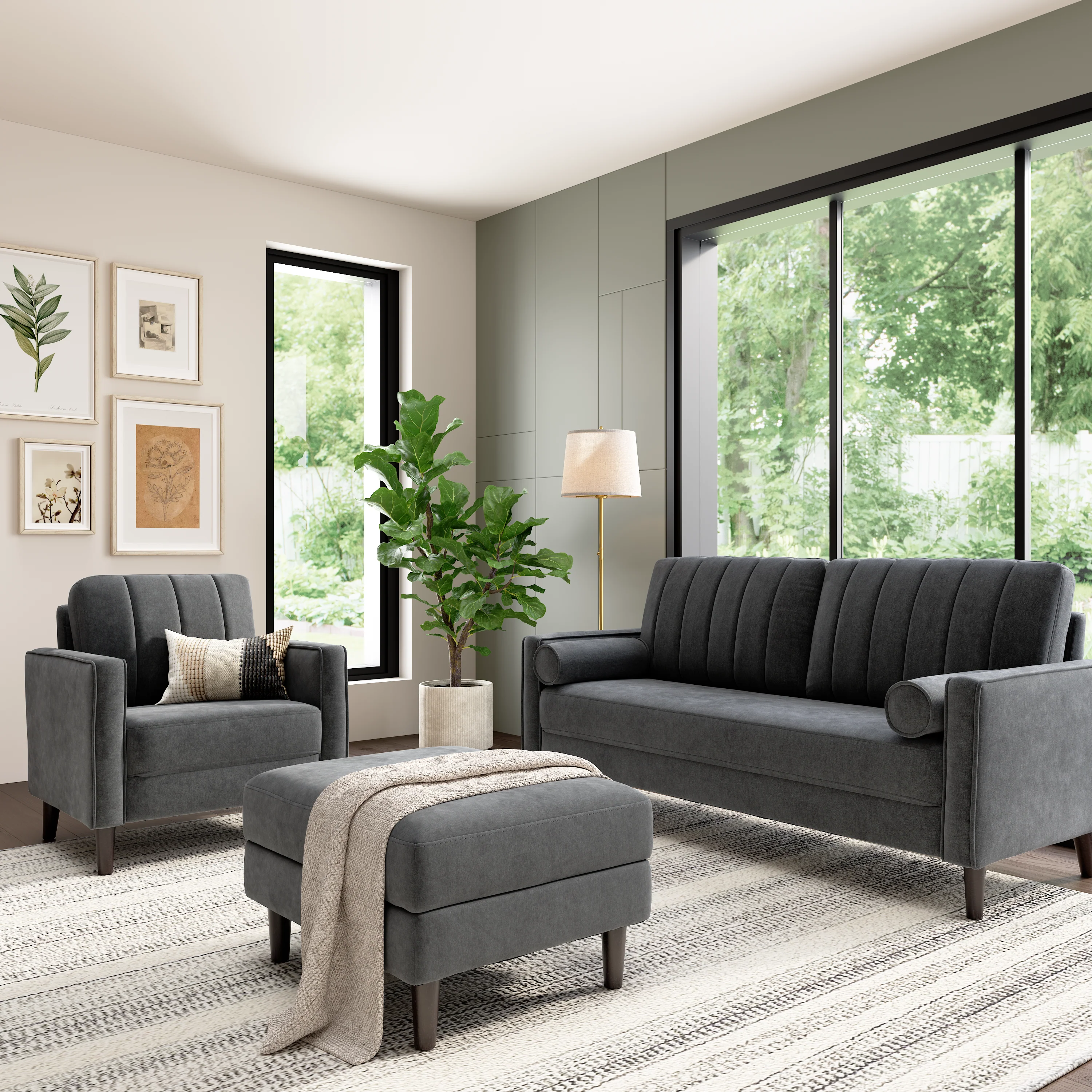 Bush Home Max 77W Sofa, 32W Accent Chair, and Storage Ottoman