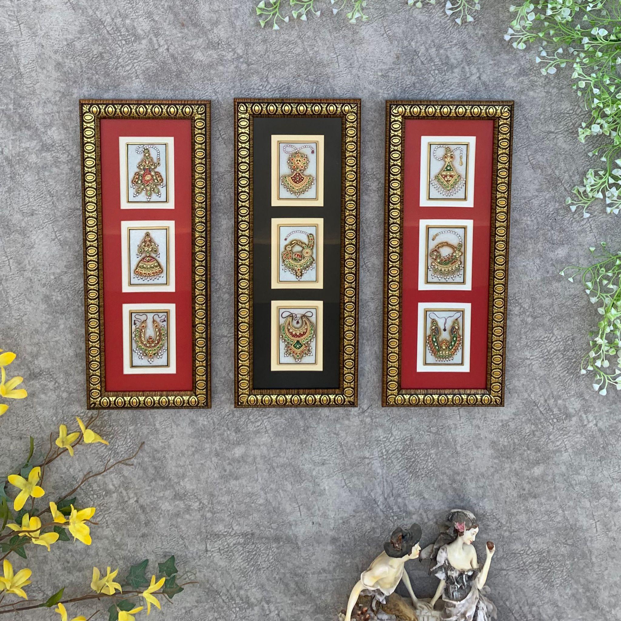 Handcrafted Jewelry Painting (Set of 3) - Wall Decor - 22K Gold Leaf Meenakari Marble Art