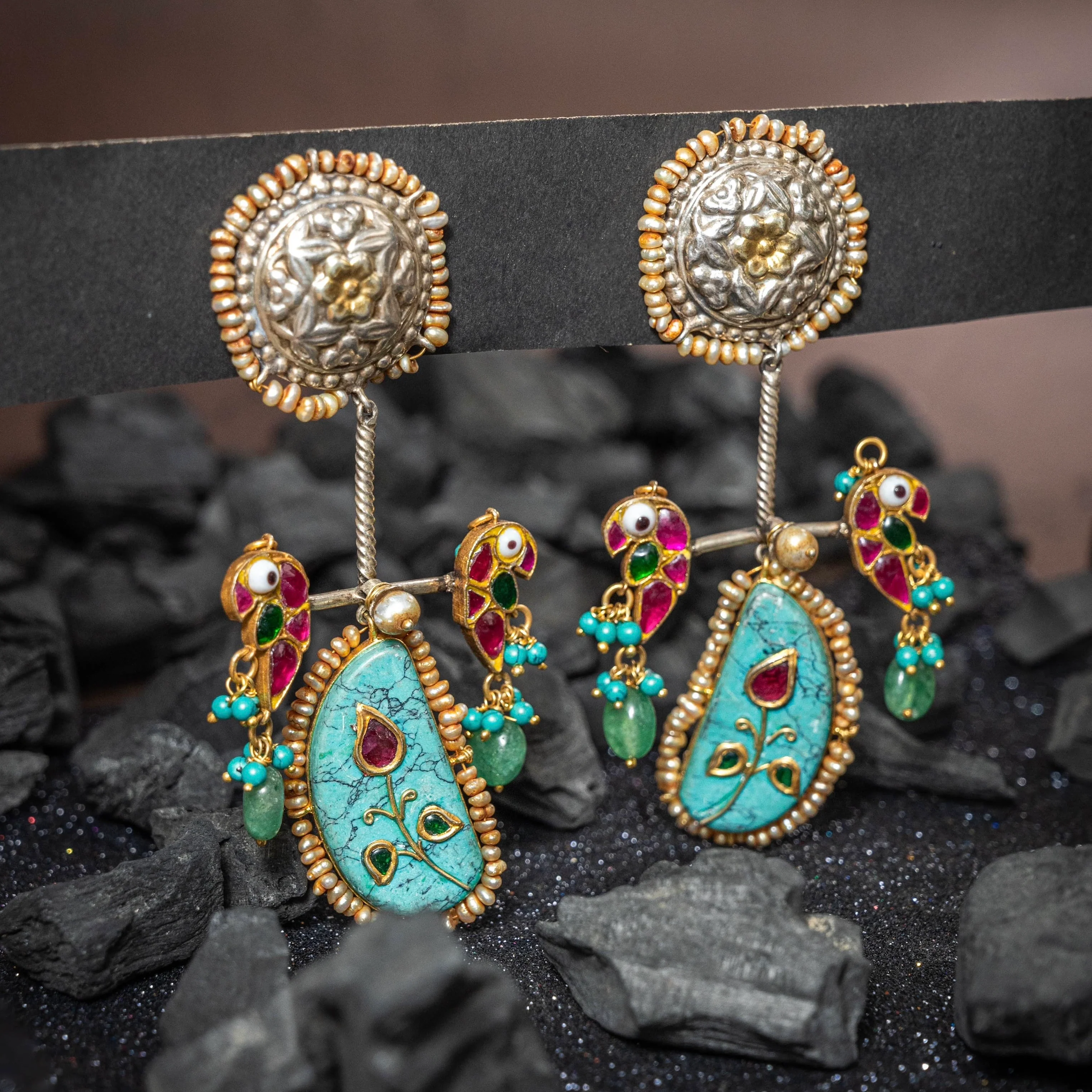 Elegant Fusion Twin Parrot Turquoise Sterling Silver Earring