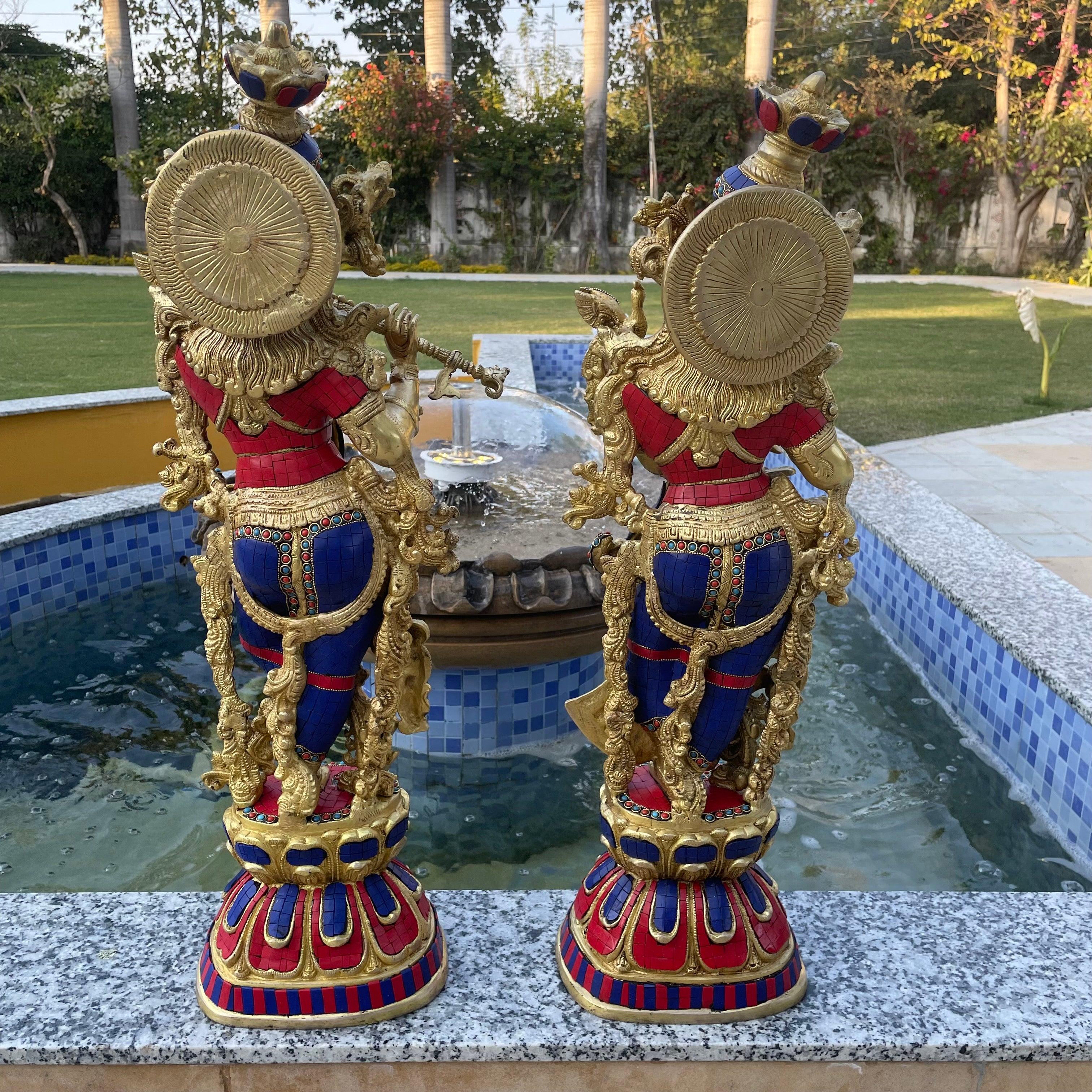 30 Inches Radha Krishna Statue - Brass Stonework Idol - Decorative Figurines