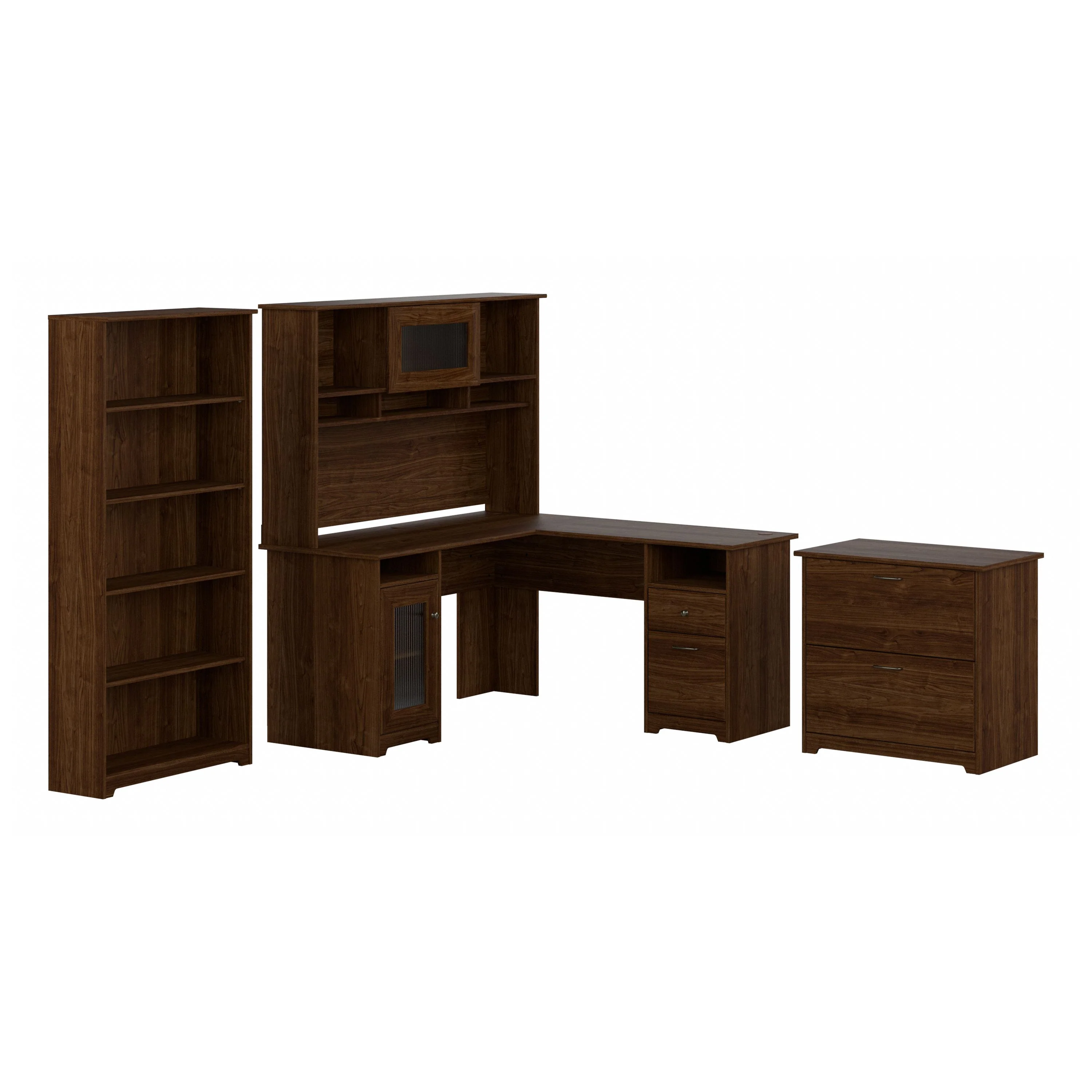 Cabot 60W L Shaped Computer Desk with Hutch, File Cabinet and Bookcase