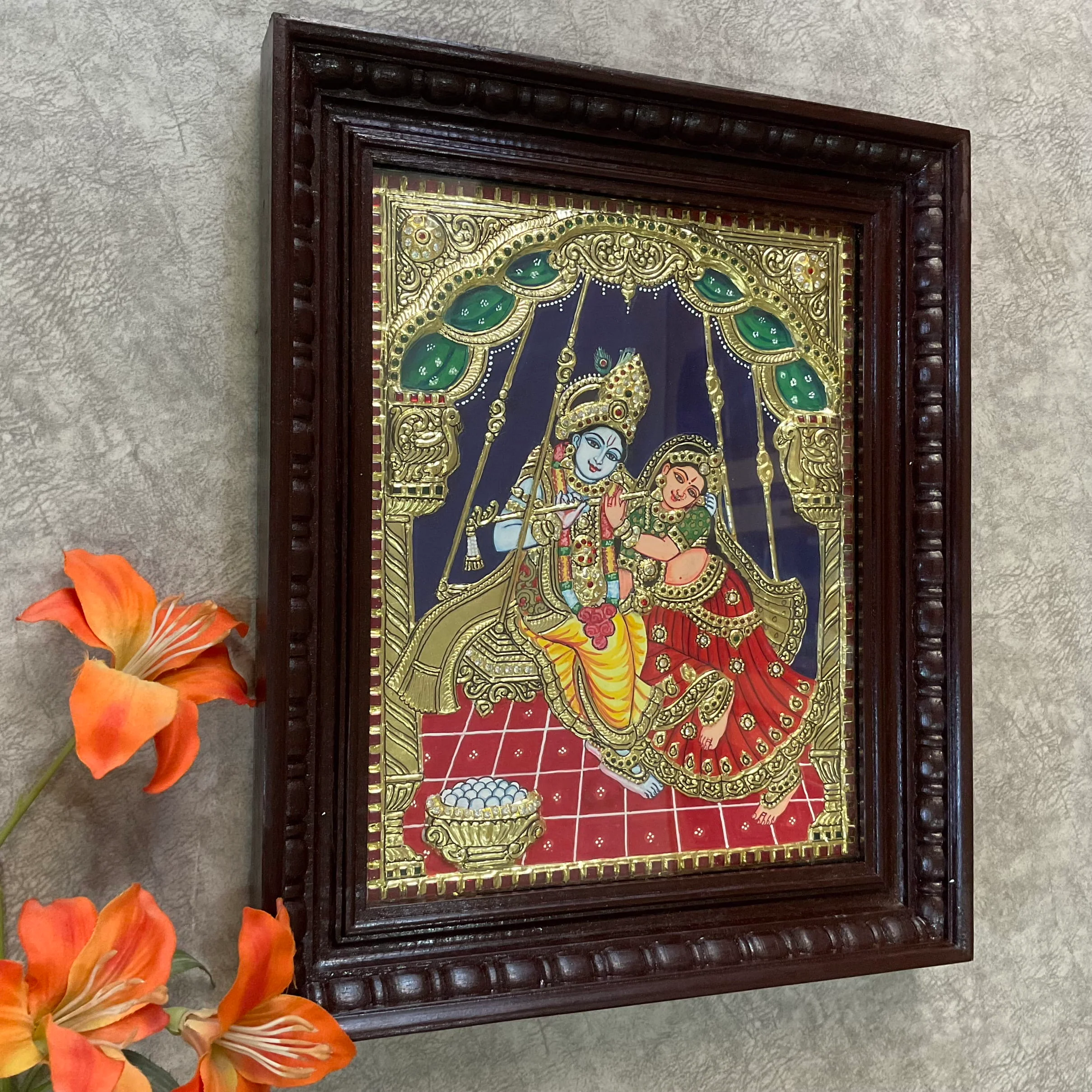 Radha Krishna 3D Tanjore Painting - Traditional Wall Art