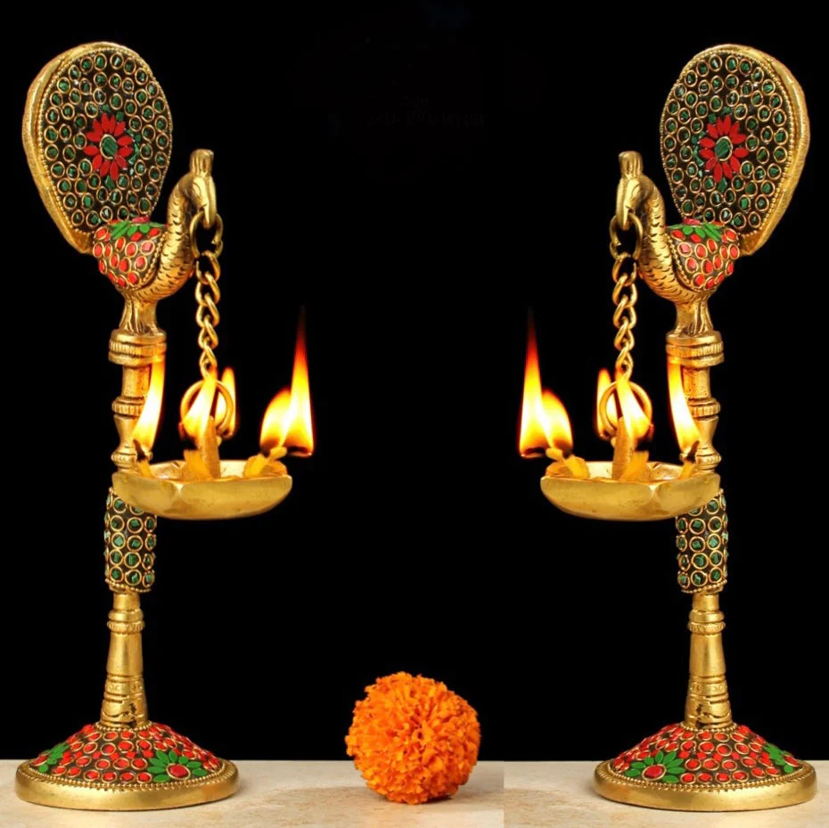 9 Inches Peacock Hanging Diya (Set of 2) - Handmade Brass Stonework Oil lamp