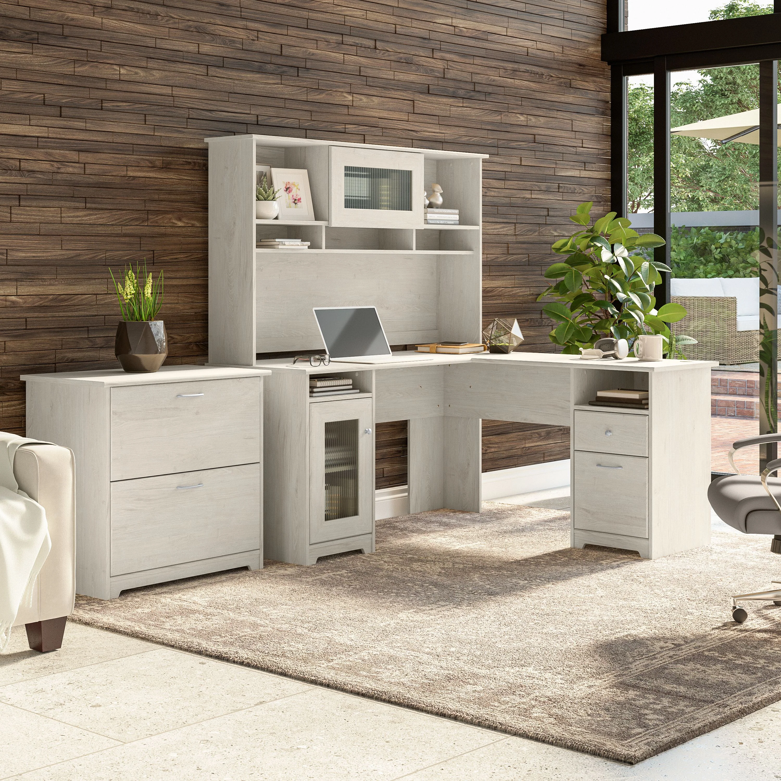 Cabot 60W L Shaped Computer Desk with Hutch and Lateral File Cabinet