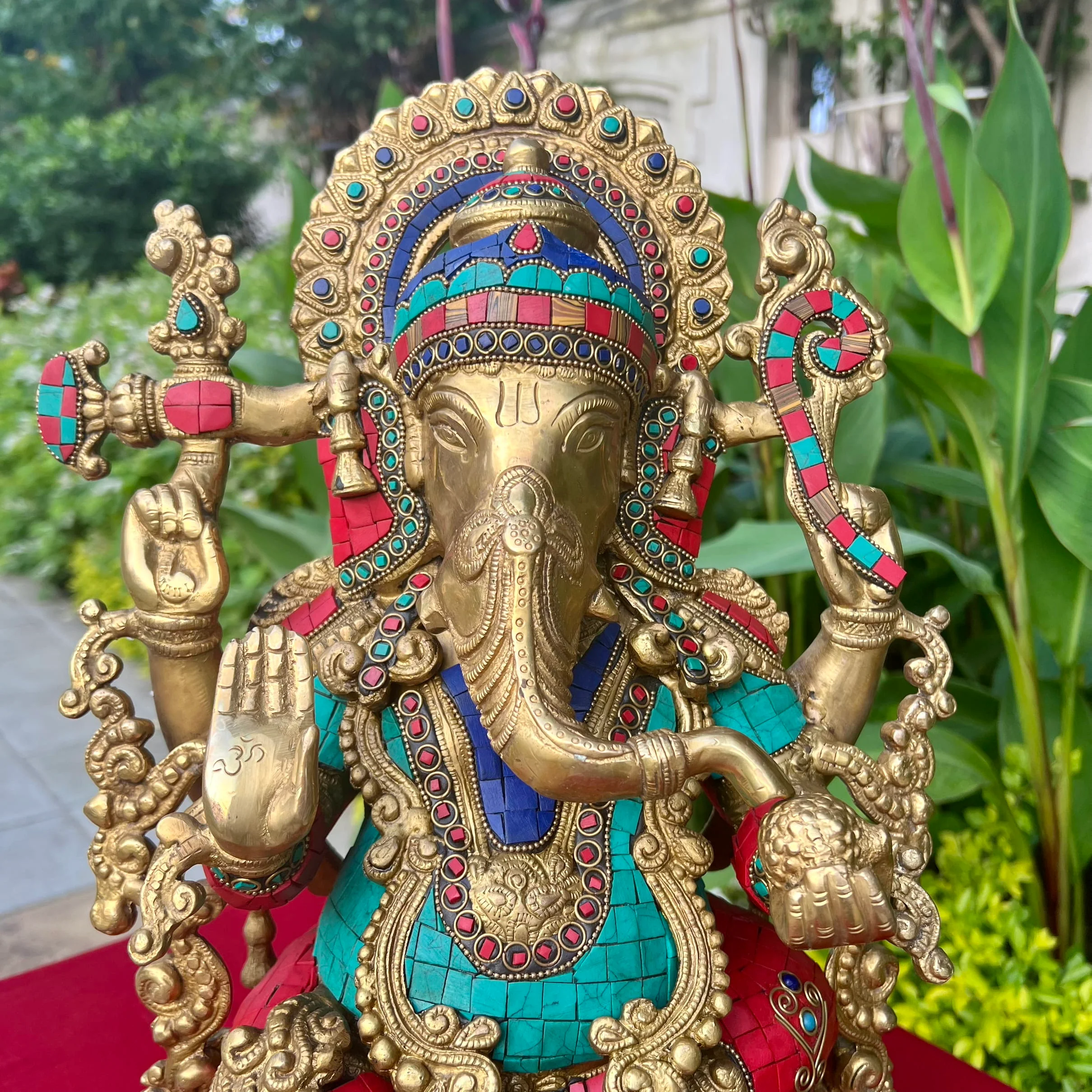 16 Inches Lord Ganesh Brass Idol Stonework - handcrafted Ganpati Decorative Statue for Home Decor - Housewarming Gift
