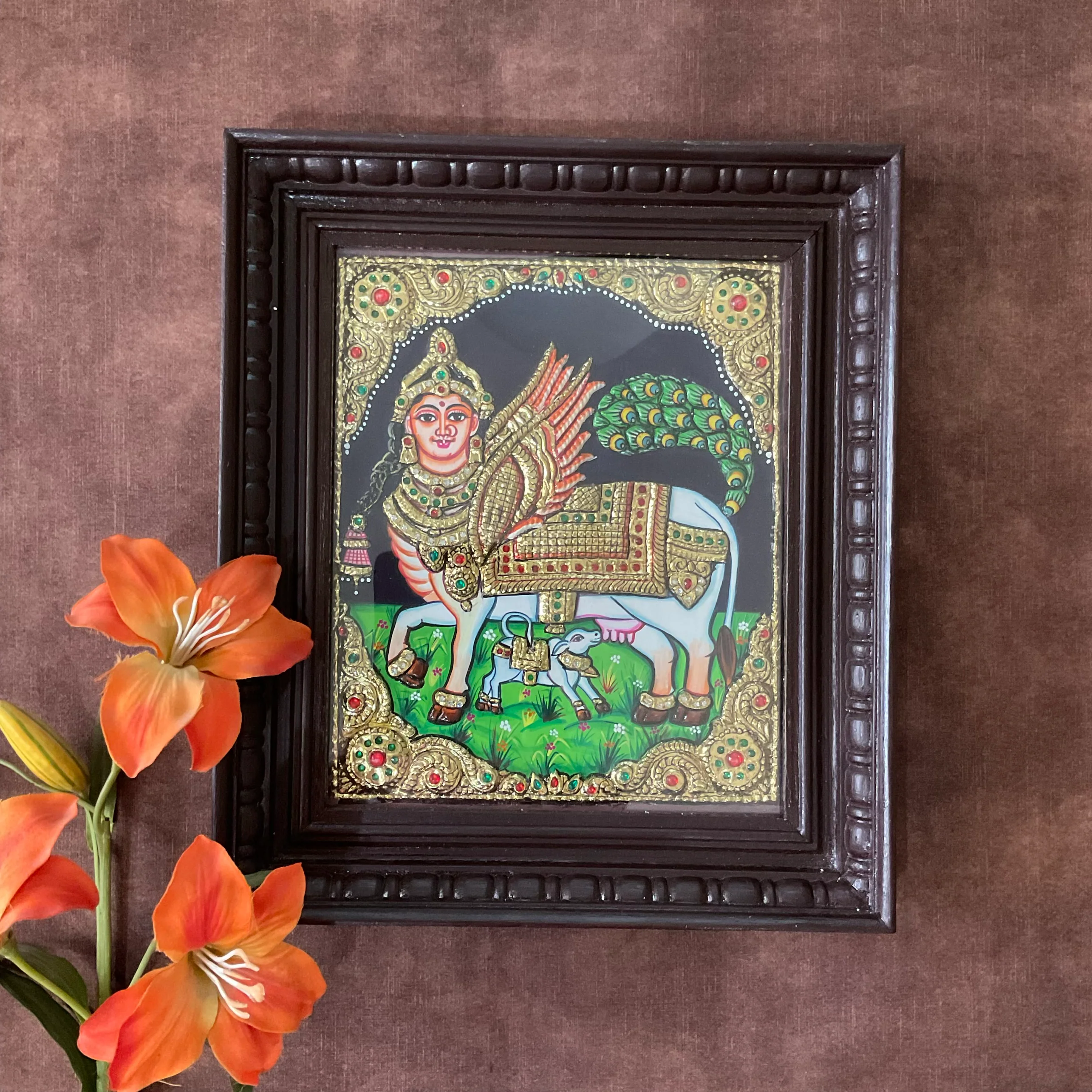 Kamdhenu Cow and Calf Tanjore Painting - Traditional Wall Art