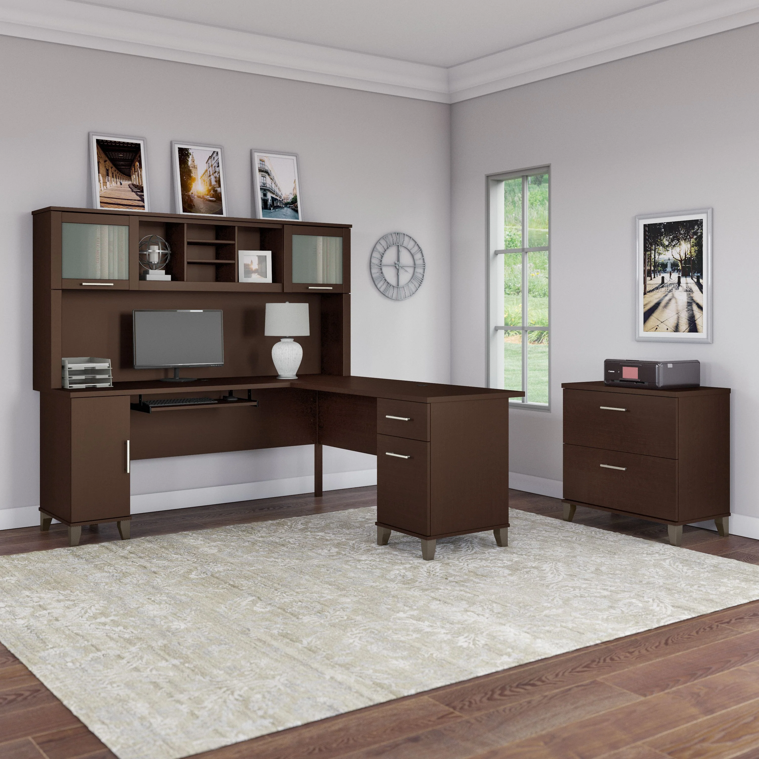 Somerset 72W L Shaped Desk with Hutch and Lateral File Cabinet