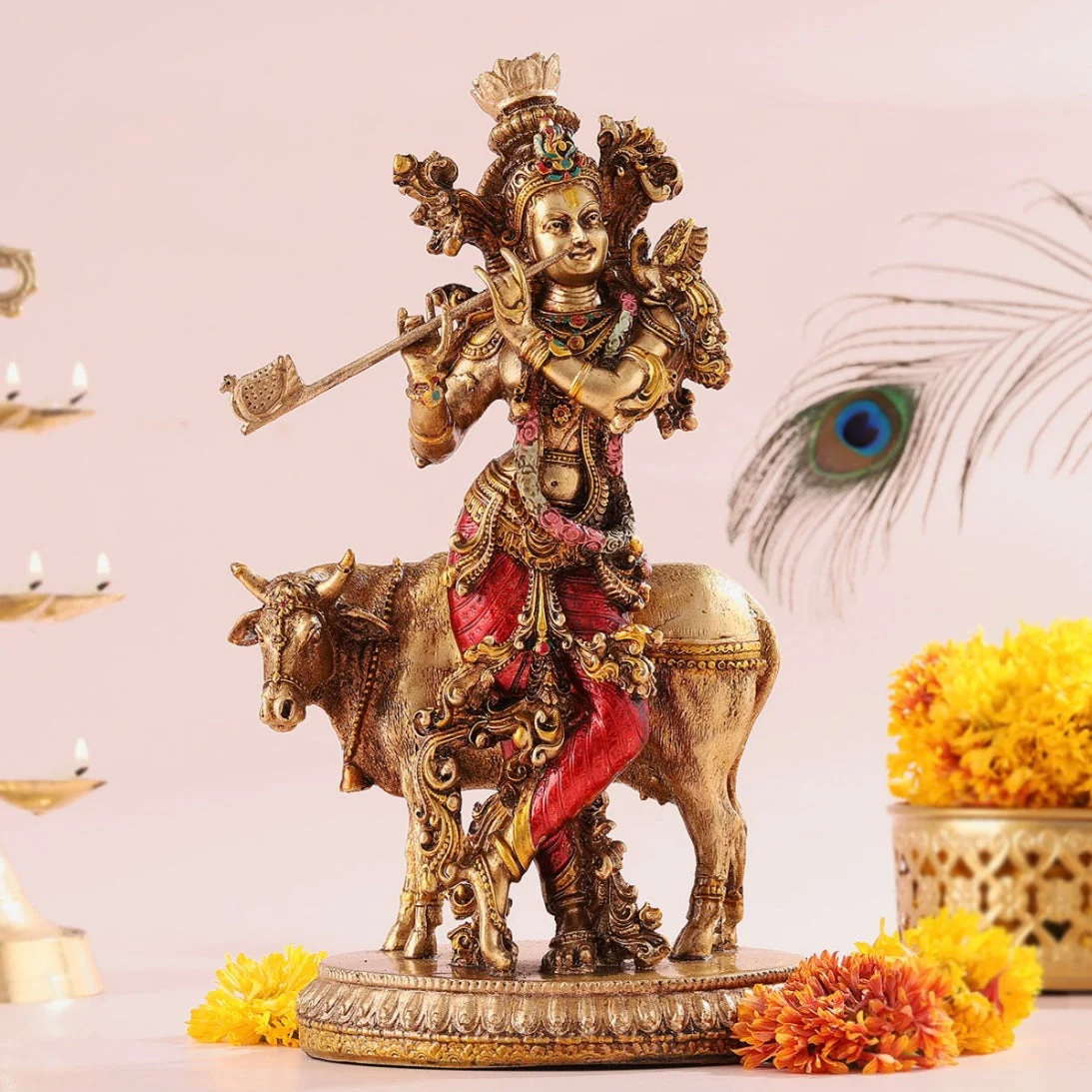 10 Inches Krishna Cow Statue Copper Finish Marble Dust Idol