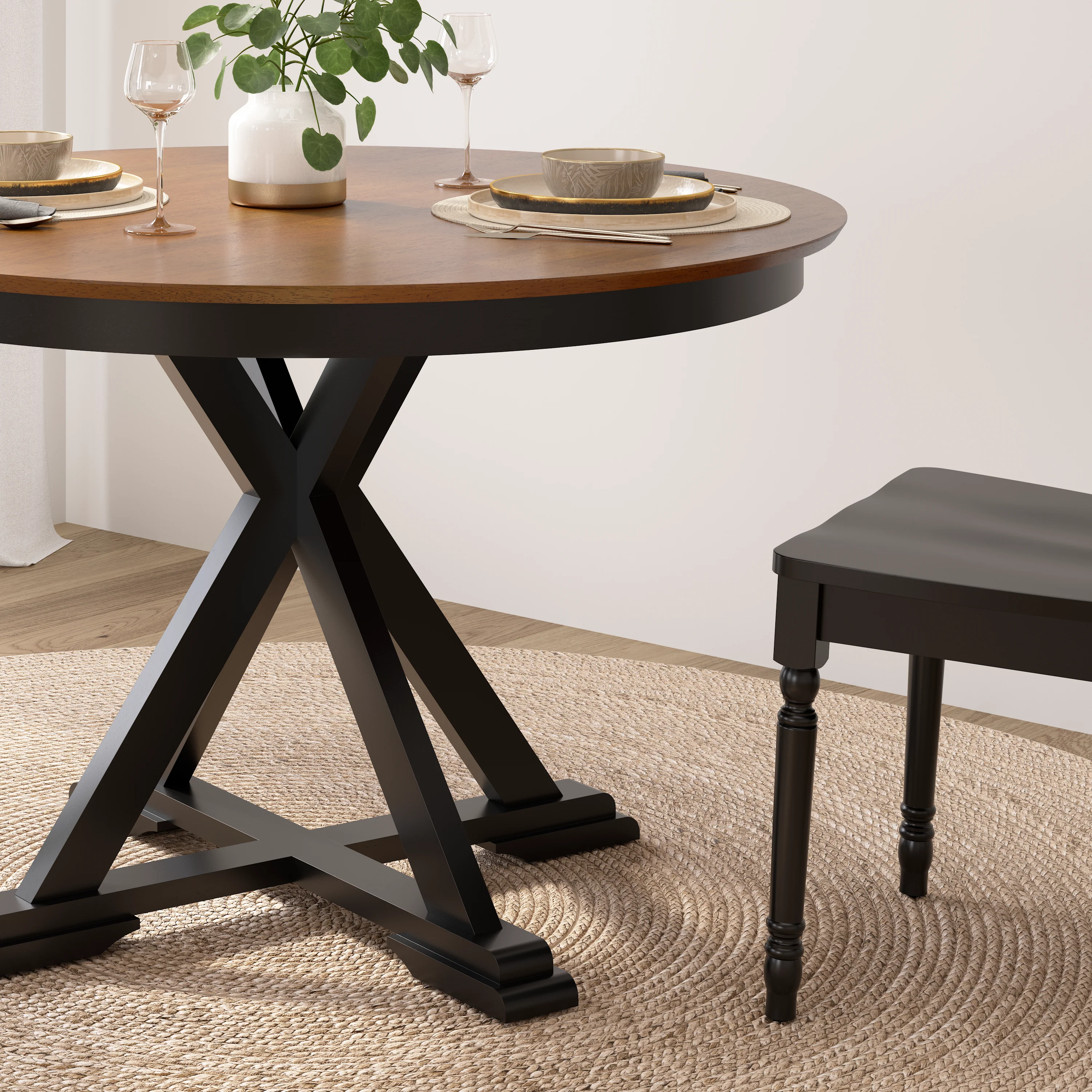 West End 45W Round Trestle Dining Table with 4 Cross Back Dining Chairs