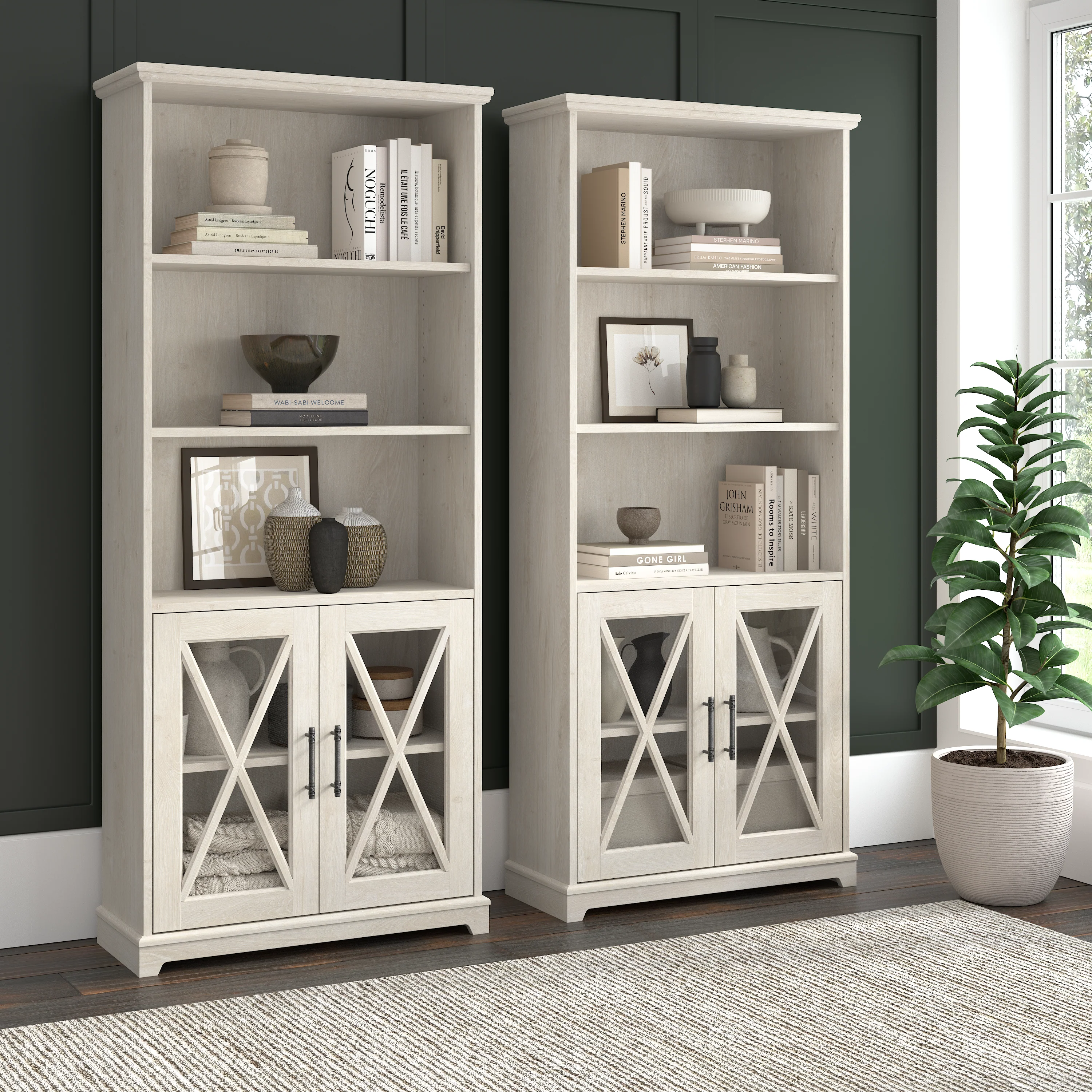 Lennox Farmhouse 5 Shelf Bookcase with Glass Doors - Set of 2