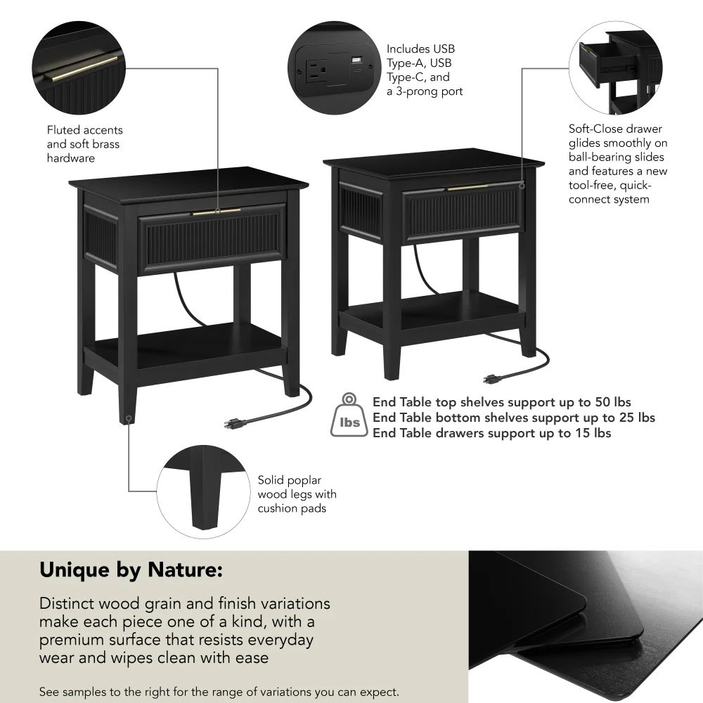 Bush Home Camille Fluted End Table with Drawer - Set of 2