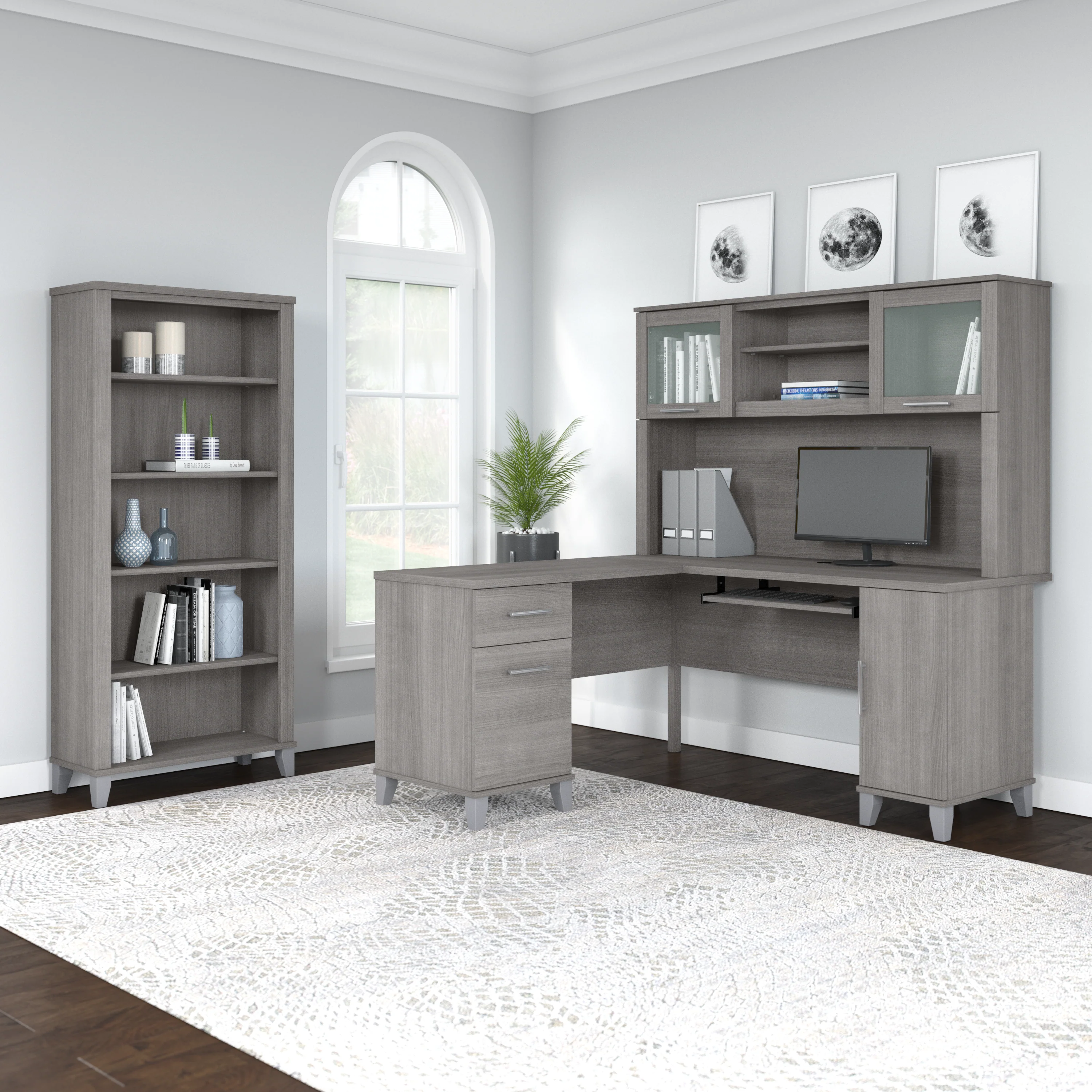 Somerset 60W L Shaped Desk with Hutch and 5 Shelf Bookcase