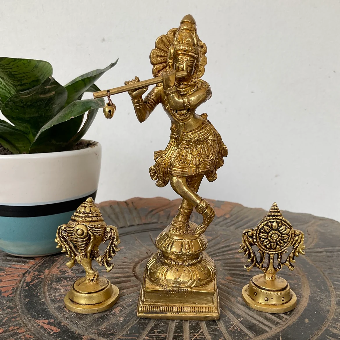 6 Inch Lord Krishna Brass Idol And Shanku Chakra Home Decor - Pooja murti
