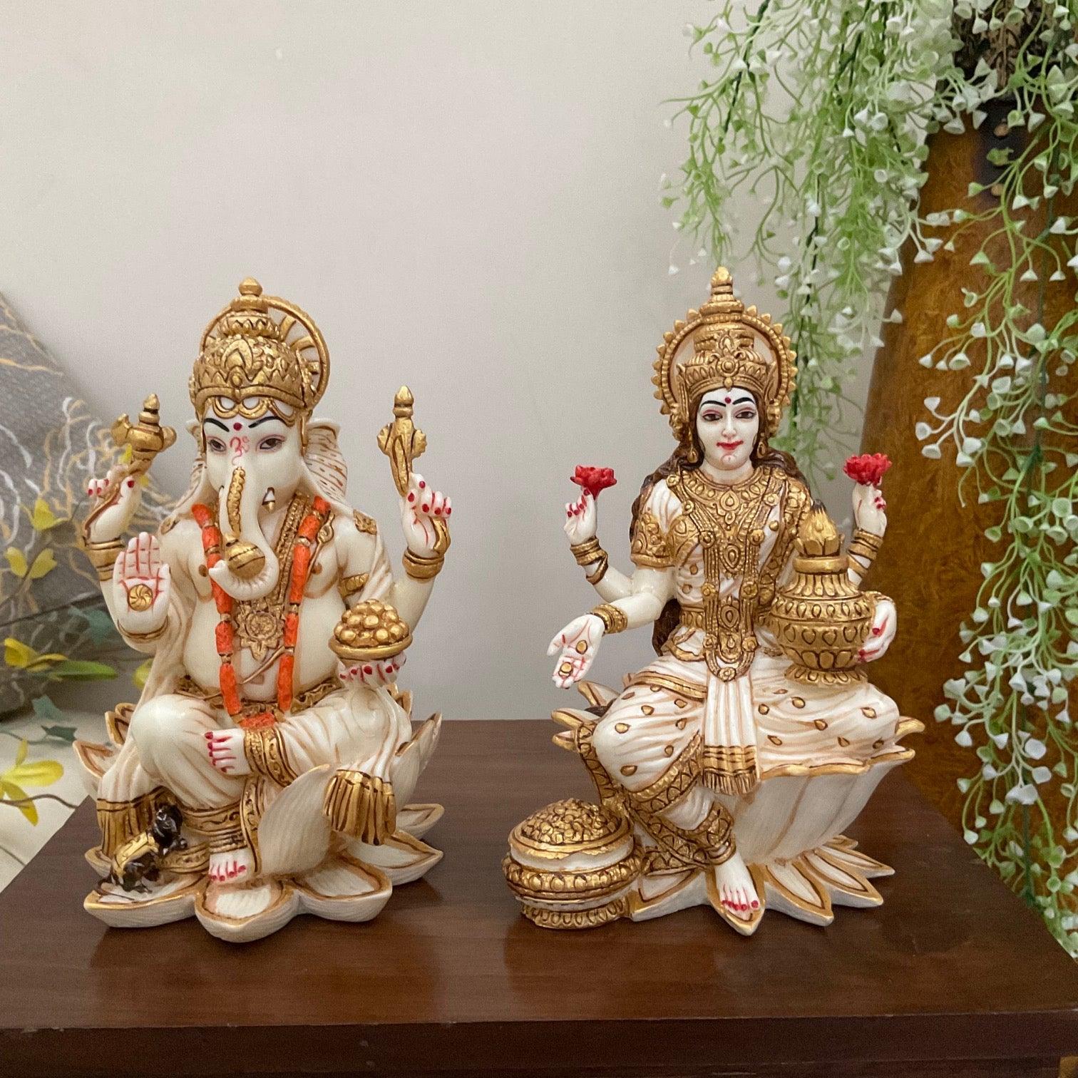 7 Inches Lakshmi Ganesha Marble Dust & Resin Idol - Hindu God Statue - Decorative Murti