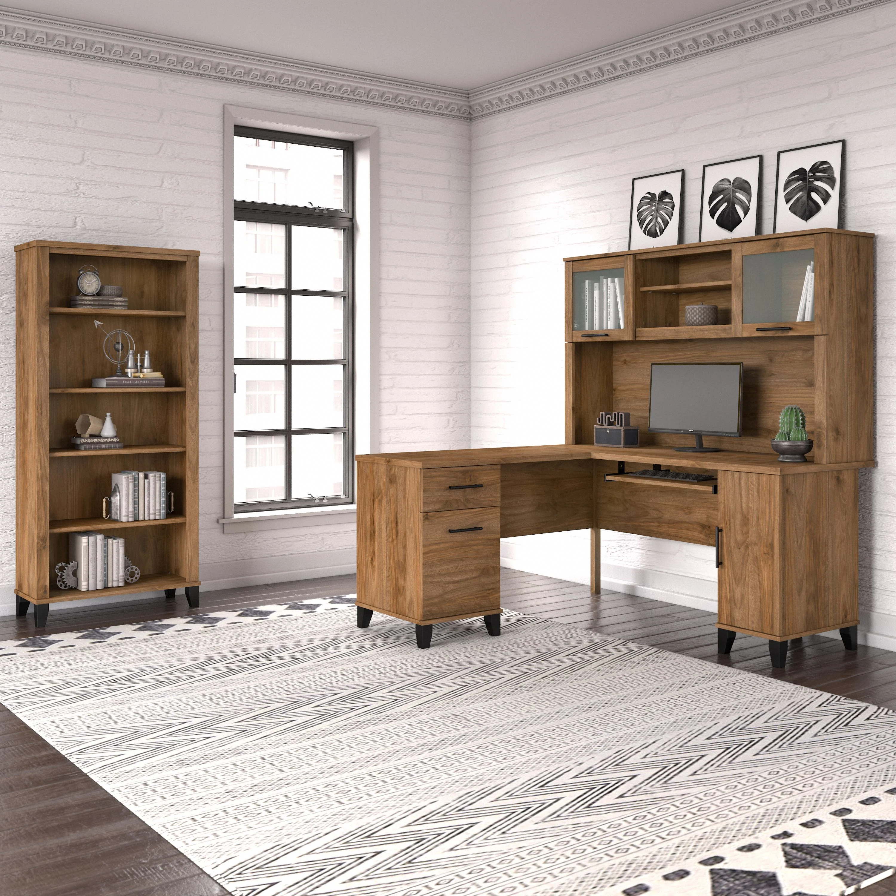 Somerset 60W L Shaped Desk with Hutch and 5 Shelf Bookcase