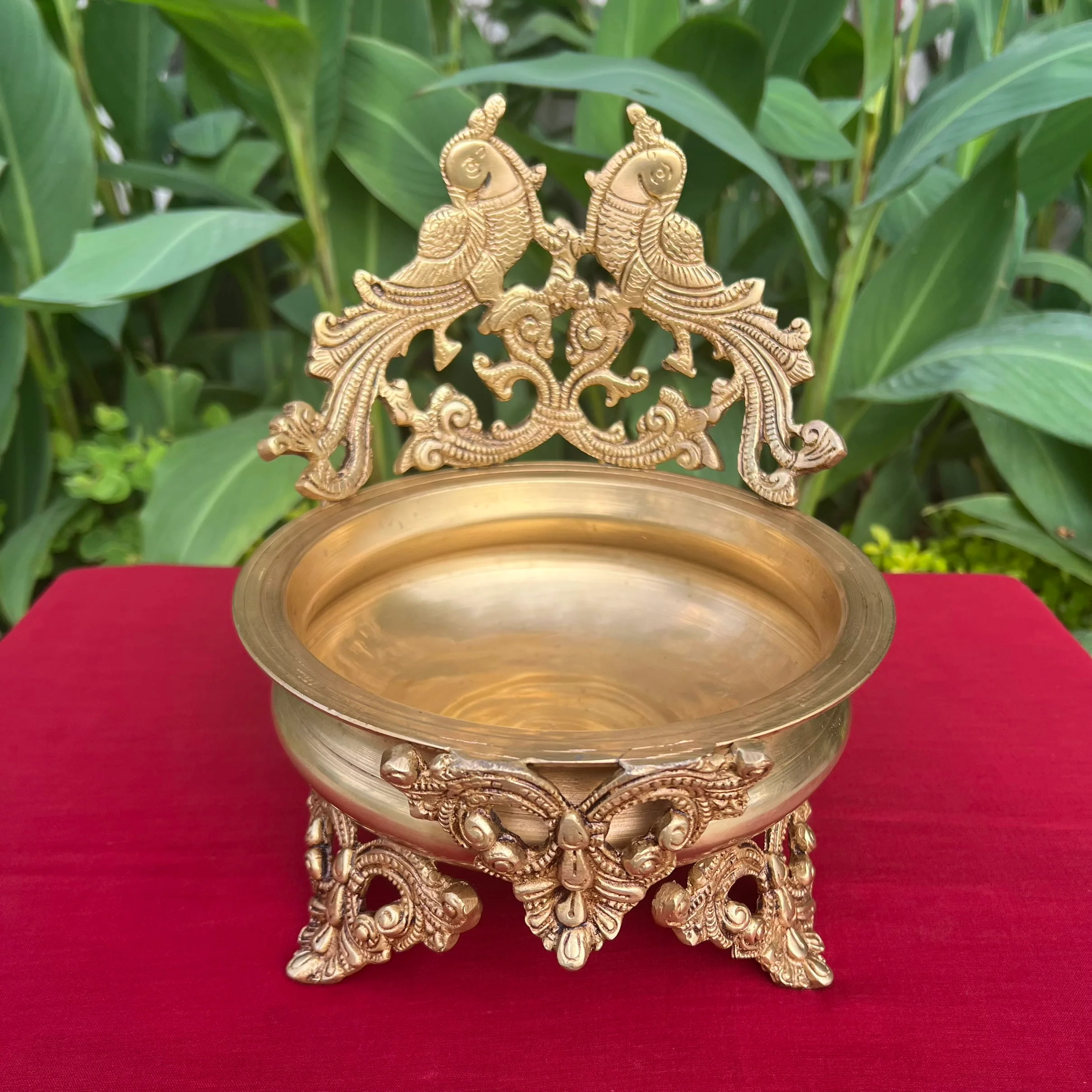 10 Inches Peacock Brass Urli Bowl For Home Decor - Antique Finish