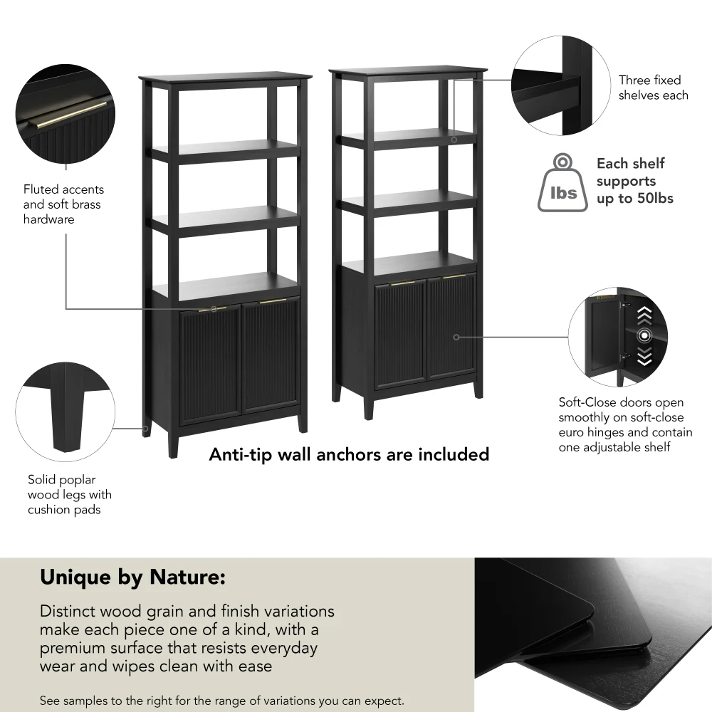 Bush Home Camille Fluted 5 Shelf Bookcase with Doors - Set of 2