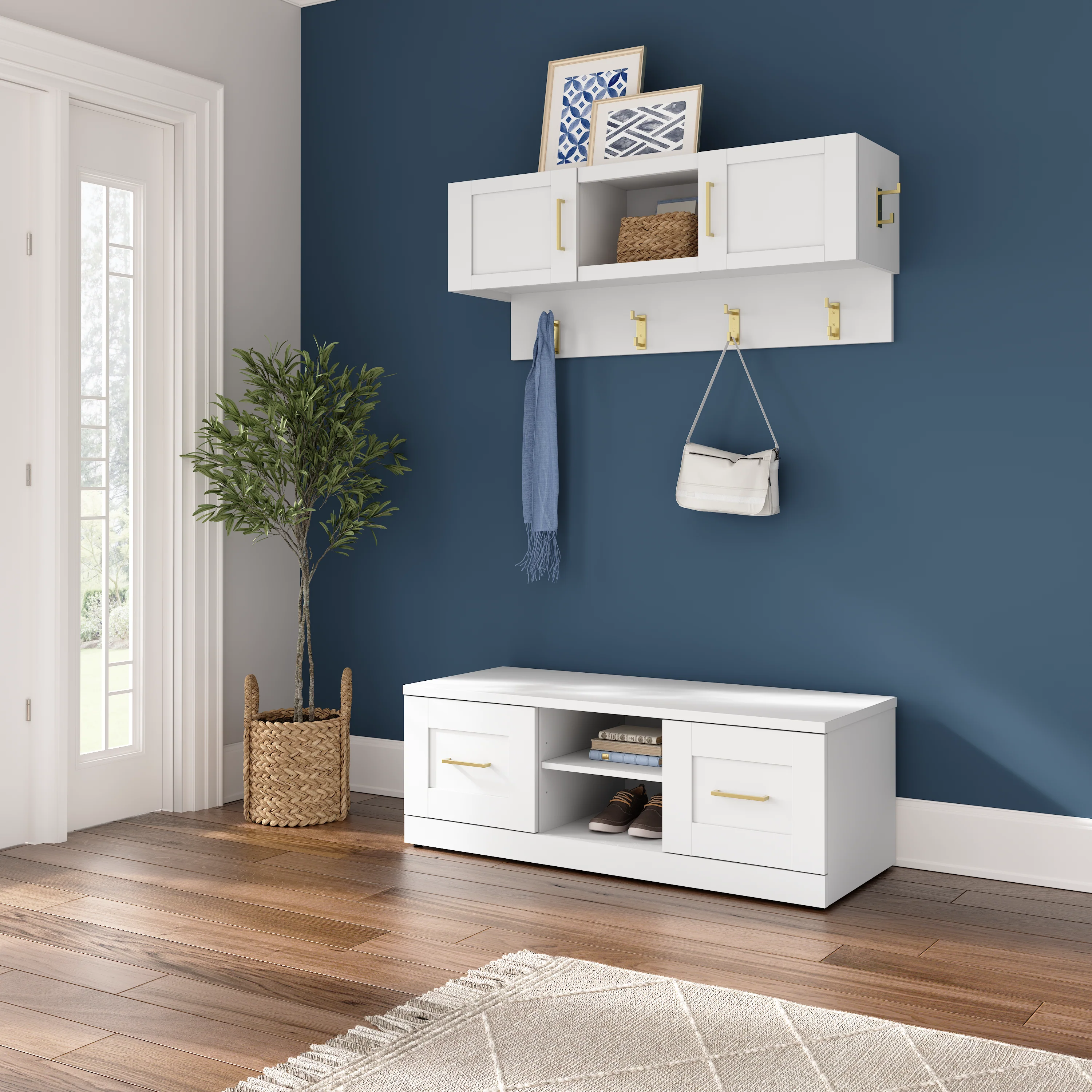 Hampton Heights 48W Shoe Bench with Doors and Wall Mounted Coat Rack