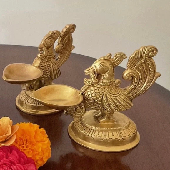 4 Inches Peacock Diya  (Set of 2) - Handmade Brass lamp - Decorative
