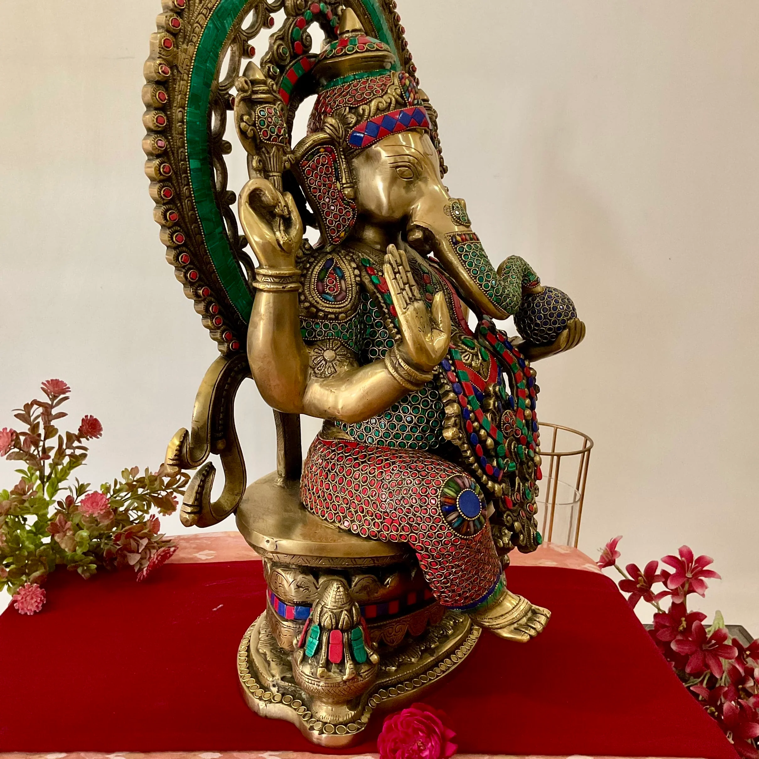 27 Inch Lord Ganesh Idol With Prabhavali - Brass Stonework Statue