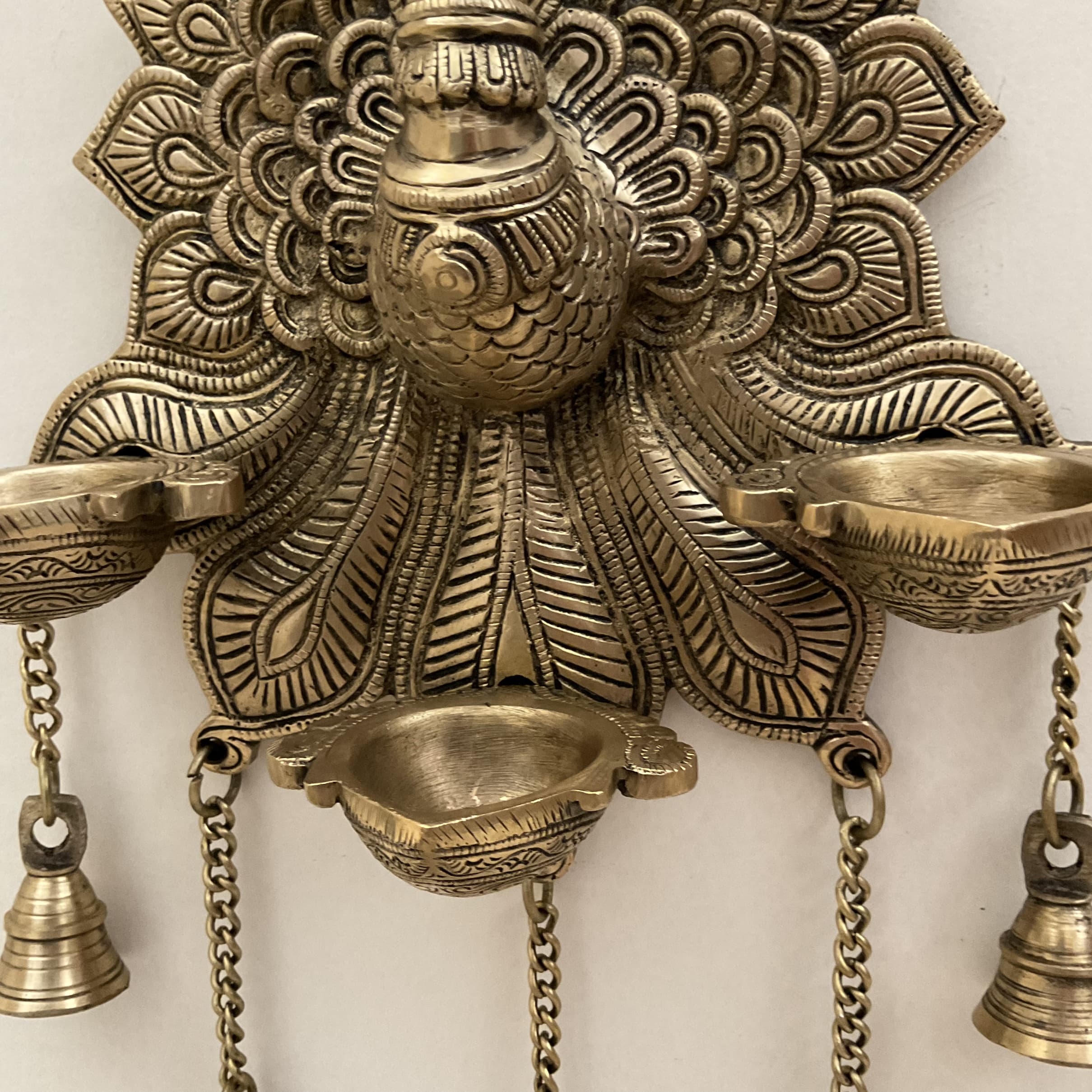 17.5 Inch Peacock Wall Hanging Diya Bell - Brass Decor