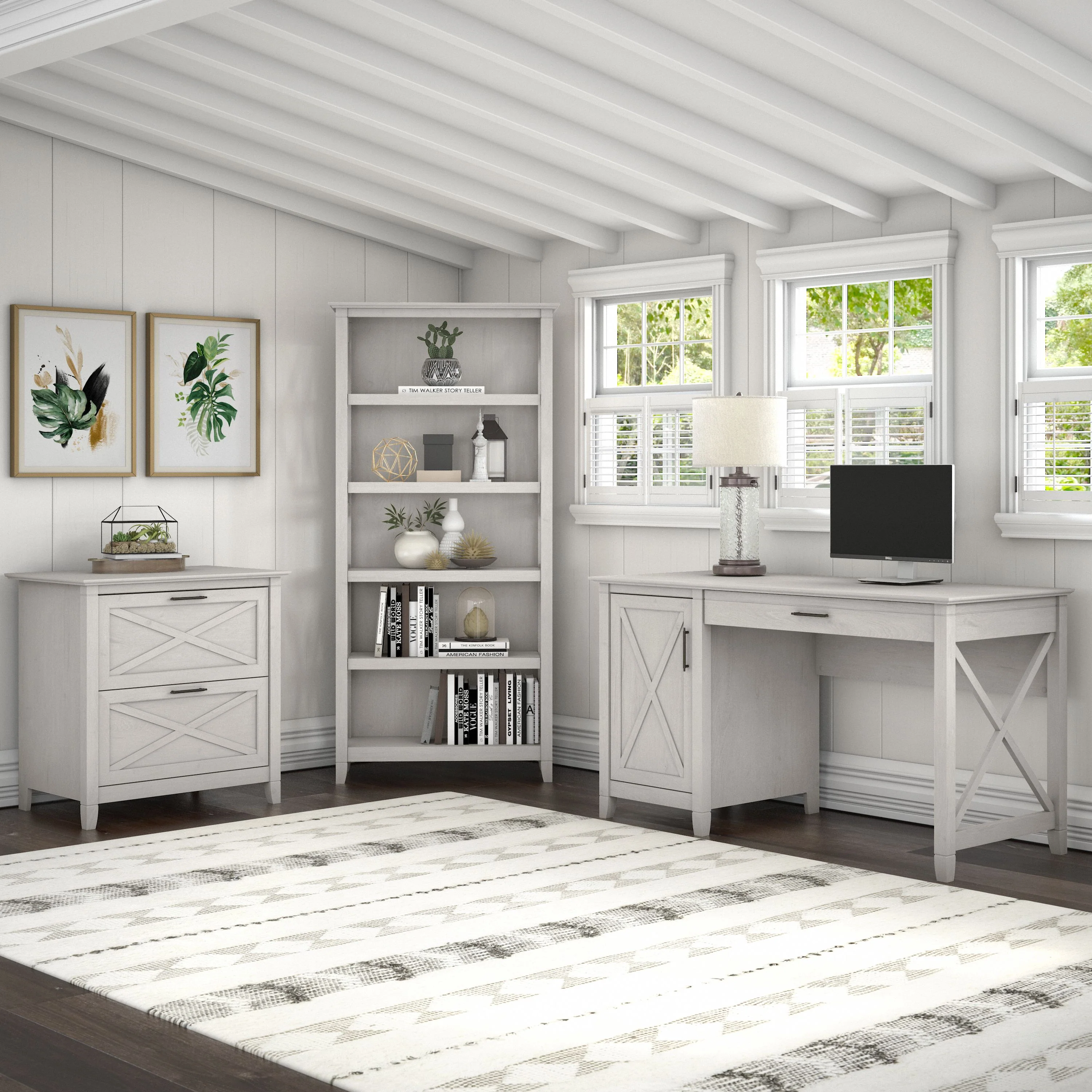 Key West 54W Computer Desk with 2 Drawer Lateral File Cabinet and 5 Shelf Bookcase