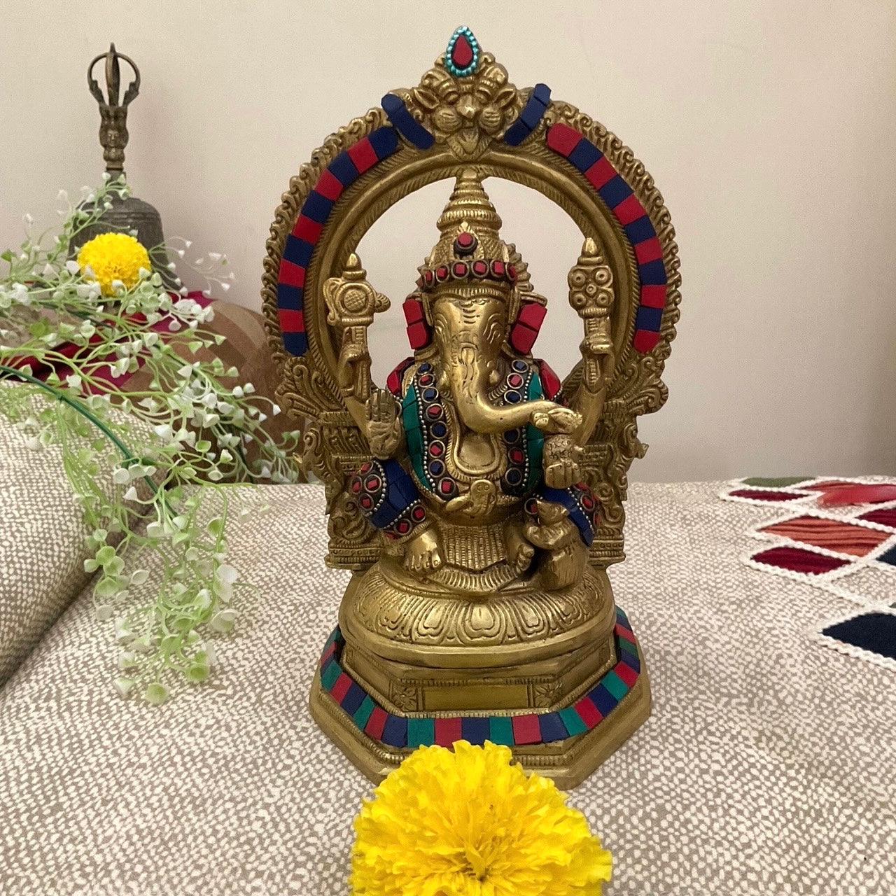 Lakshmi Ganesh Saraswati Brass Stonework Idol With Yali Prabahavali - Pooja Murti For Home