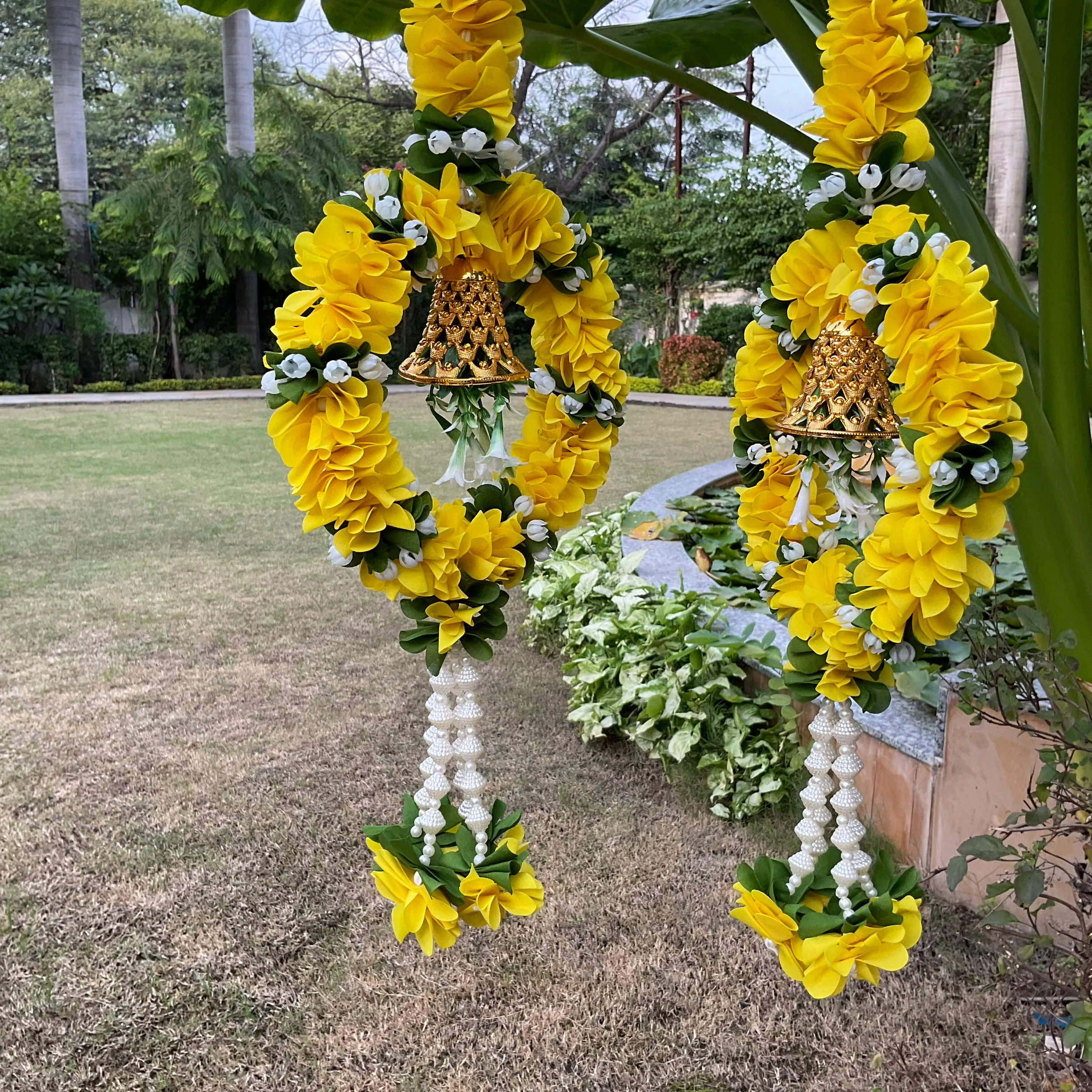 Artificial Yellow Flower Ring With Bell (Set of 6) - Festive Decoration Wall Hanging