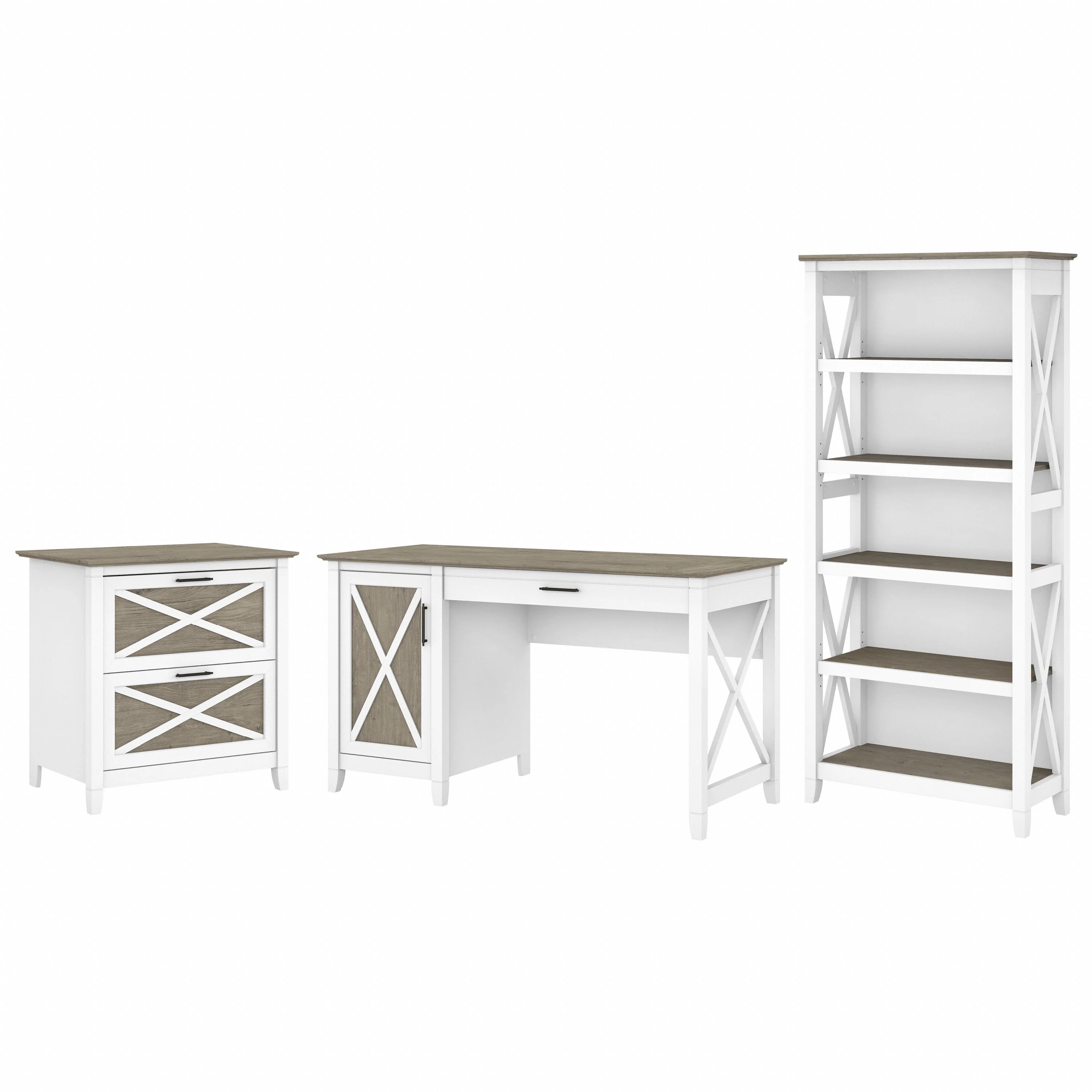 Key West 54W Computer Desk with 2 Drawer Lateral File Cabinet and 5 Shelf Bookcase