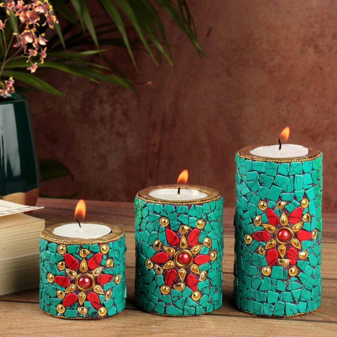 Greenish Blue Stonework Wooden Candle Holder (Set of 3) - Decorative Tea Lights - Festive Decor