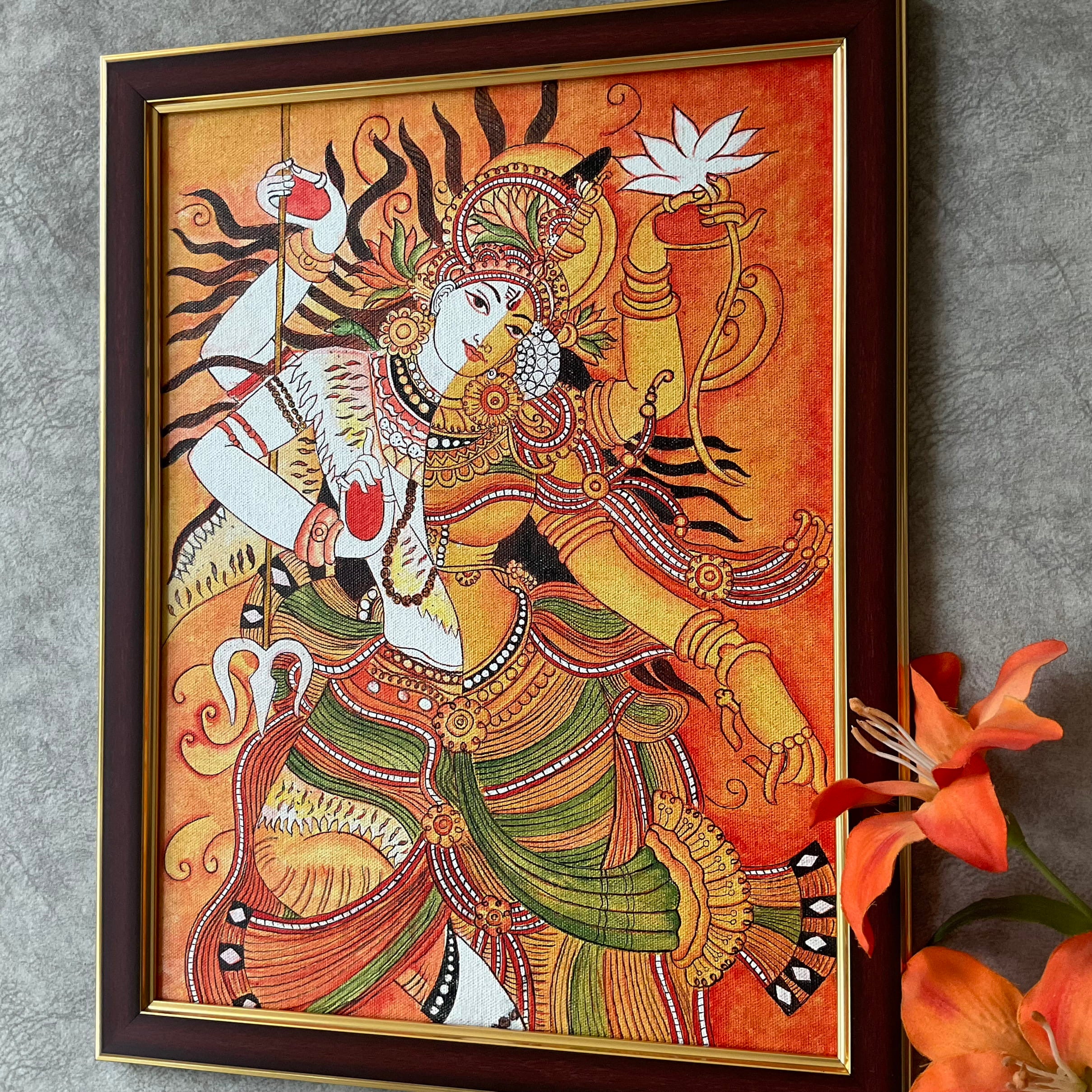 Ardhanarishvara Kerala Mural - Shiva Parvathi Handpainted Wall Decor