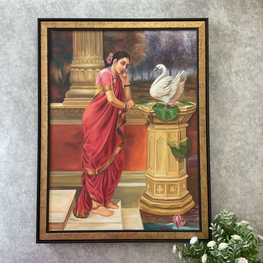Hansa Damayanti Handmade Oil Painting - Raja Ravi Varma Painting Recreation - Wall Decor