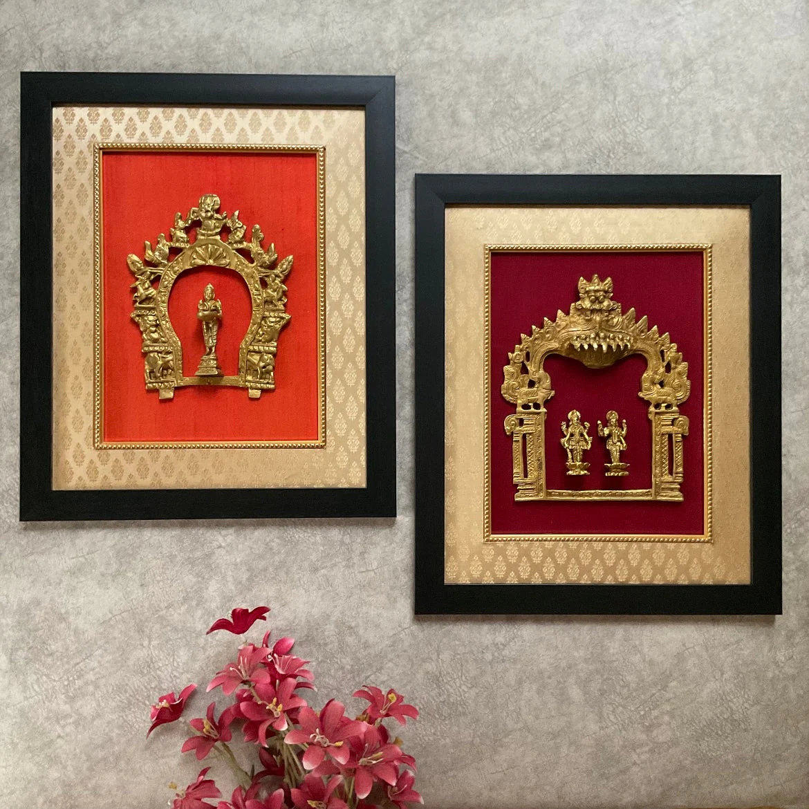 Framed Brass Prabhavali (Set of 2) - Lakshmi Vishnu And Deep Lakshmi - Ethnic Wall Decor