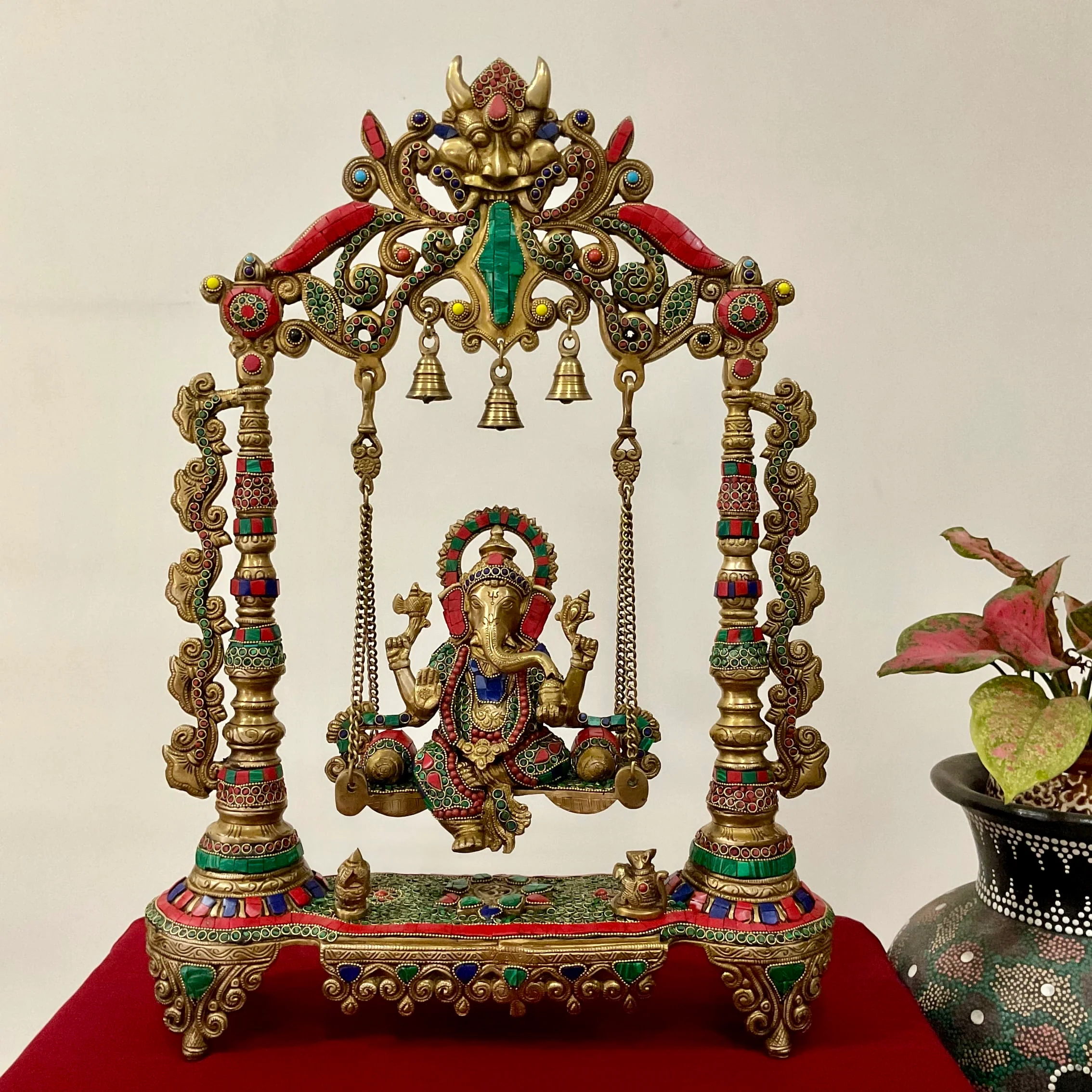 26 Inch Lord Ganesh Swing Stonework Brass Idol - Traditional Home Decor