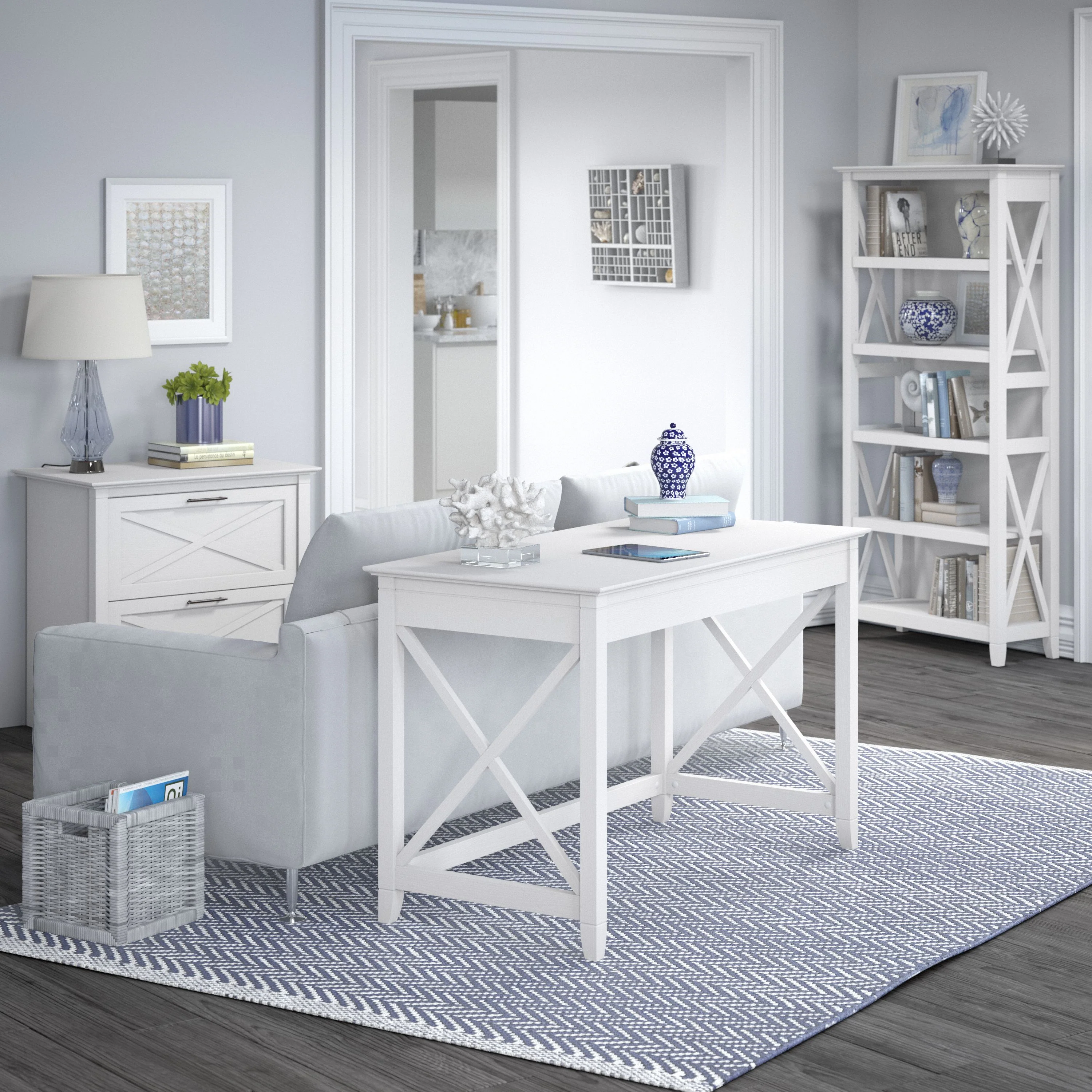 Key West 48W Writing Desk with 2 Drawer Lateral File Cabinet and 5 Shelf Bookcase