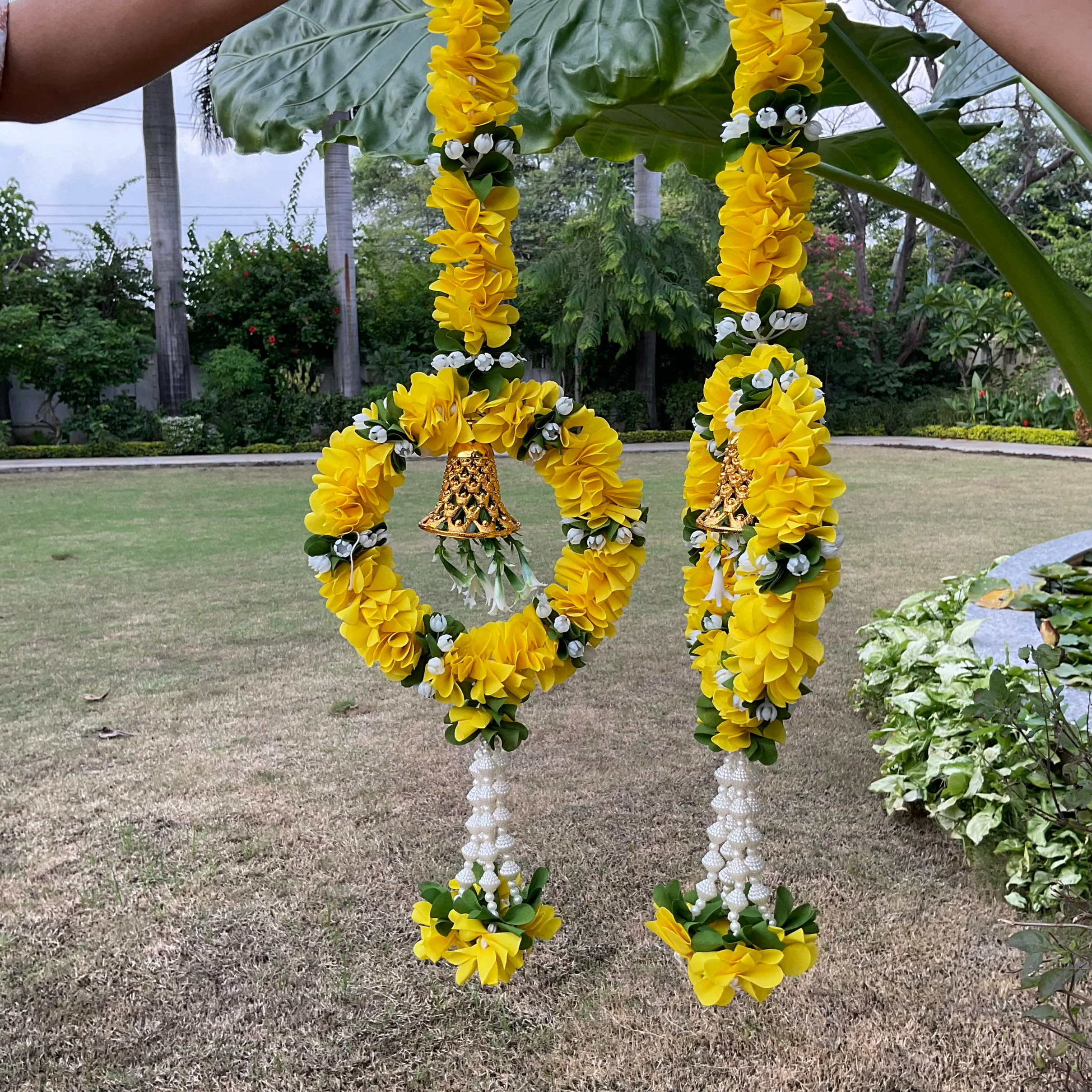 Artificial Yellow Flower Ring With Bell (Set of 6) - Festive Decoration Wall Hanging