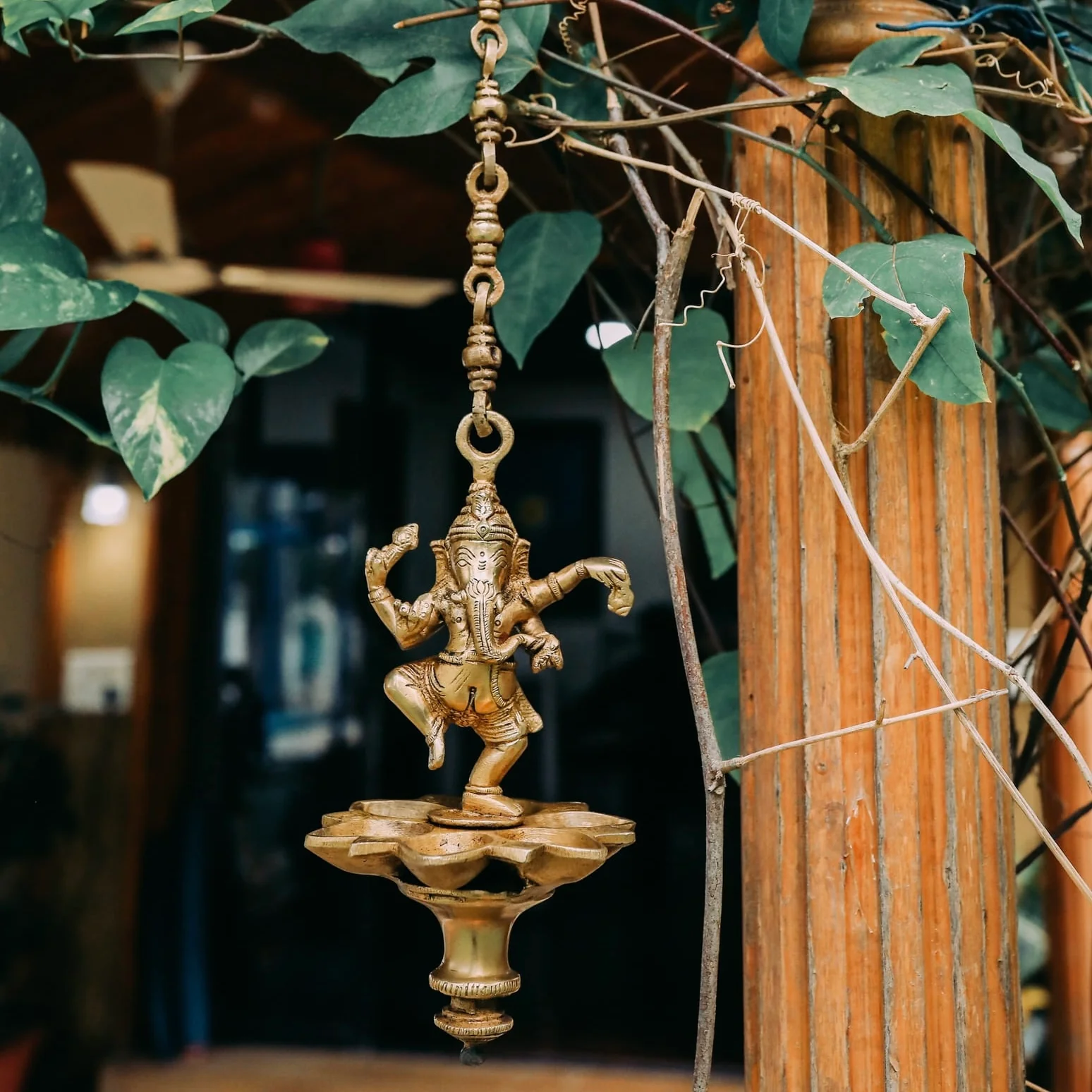Dancing Lord Ganesh Hanging Diya For Pooja Room - Brass Hanging Lamp Entrance Decor
