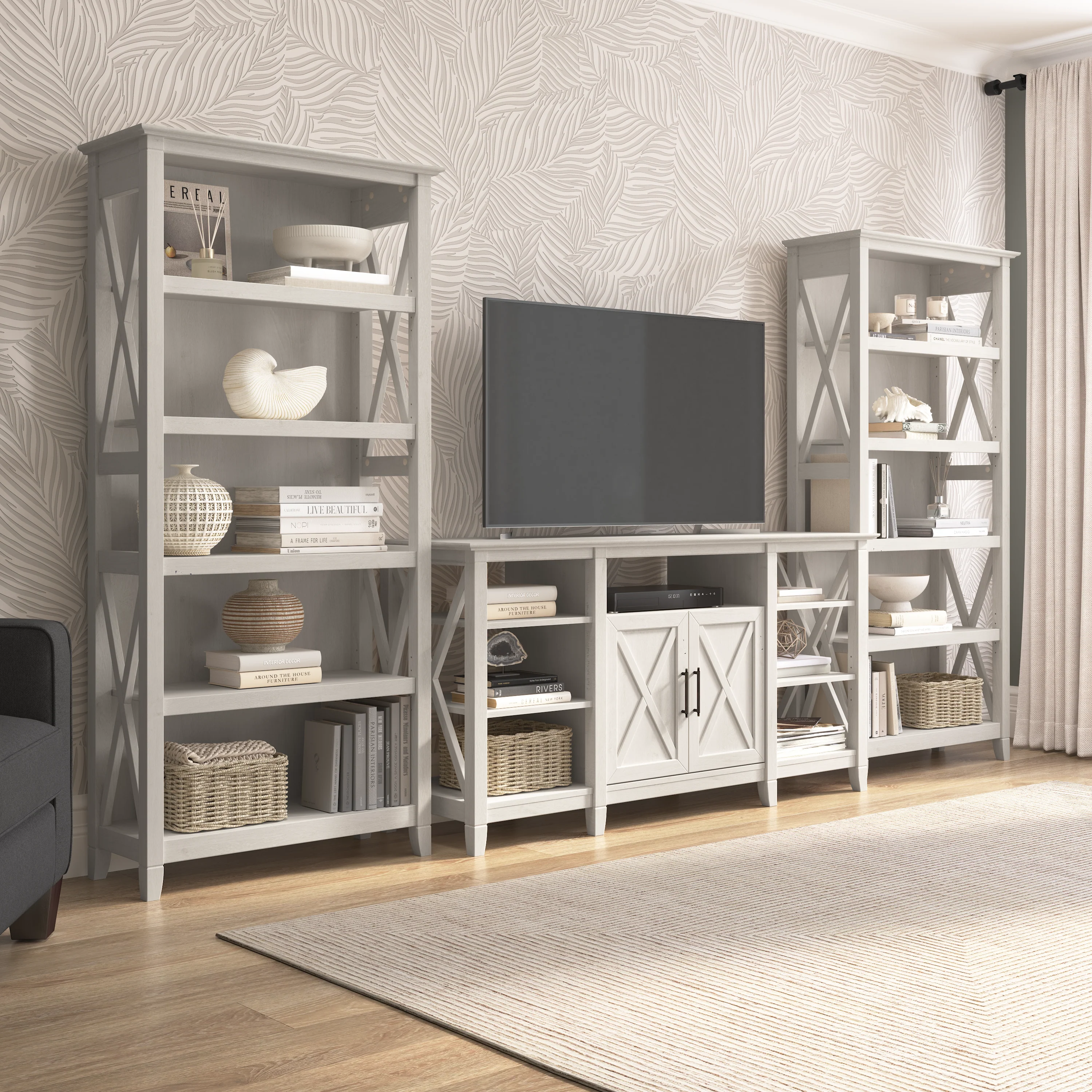 Key West Tall TV Stand with Set of 2 Bookcases