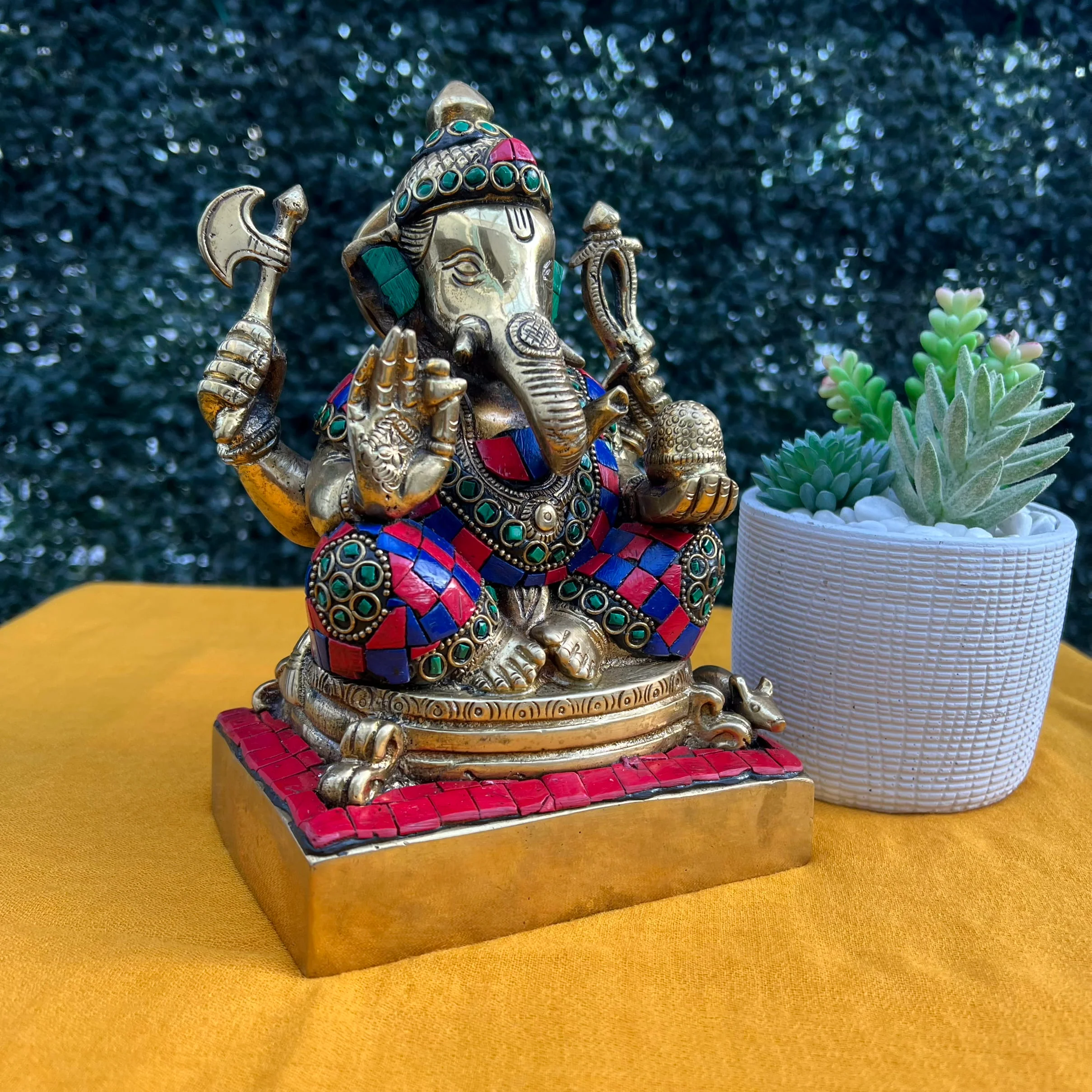 8 Inches Lord Ganesh Brass Idol - handcrafted Stonework - Ganpati Decorative Statue for Home Decor - Housewarming Gift