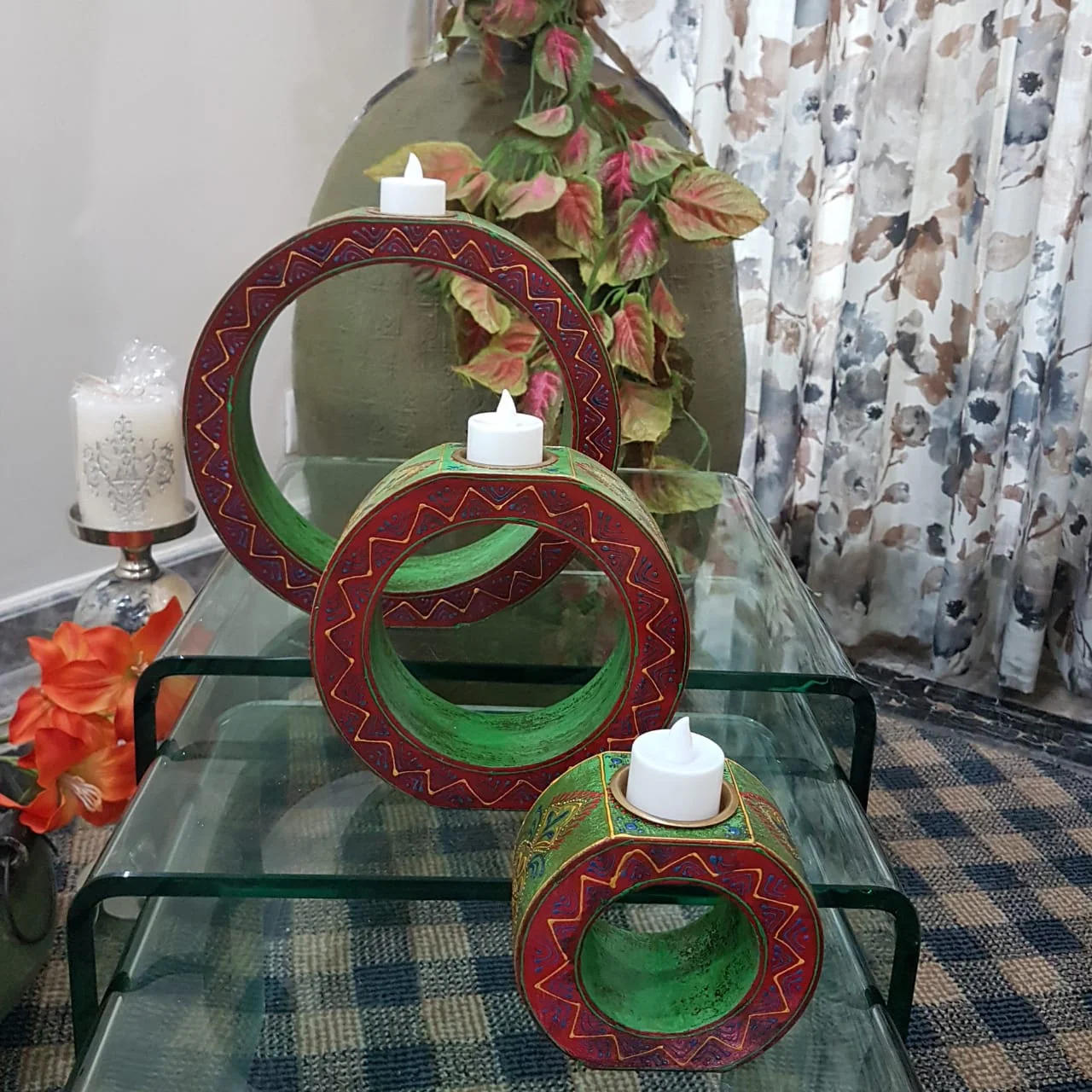 Green & Red - Rajasthani Wooden Candle Holder (Set of 3)
