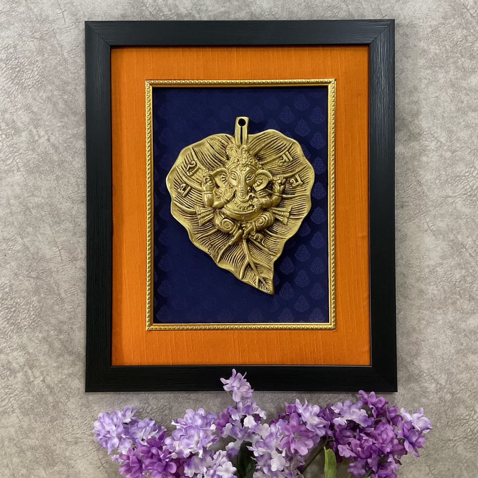 Brass Ganesha On Leaf With Frame Divine Wall Hanging