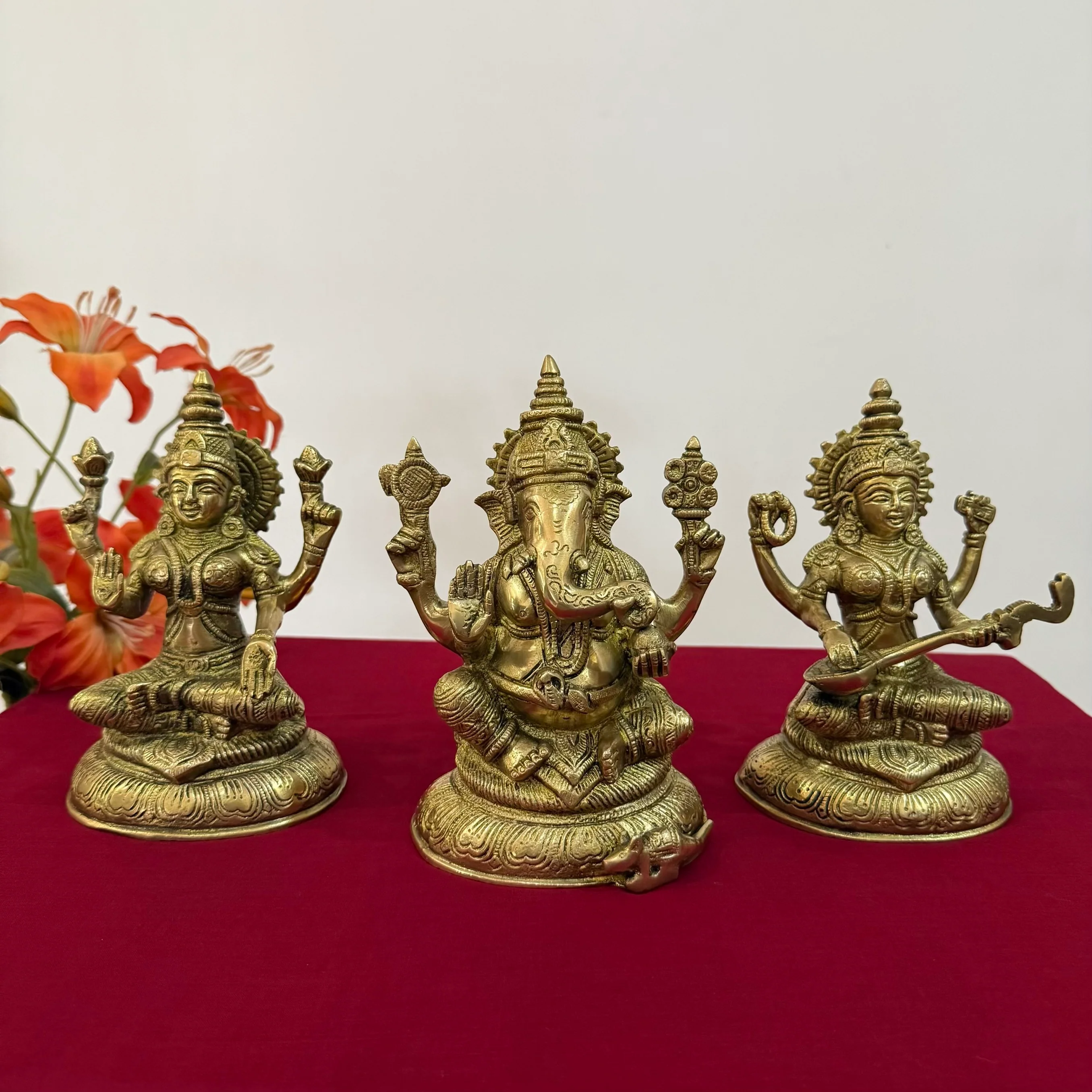 8 Inches Lakshmi Ganesh Saraswati Brass Idol  - Decorative Home Decor