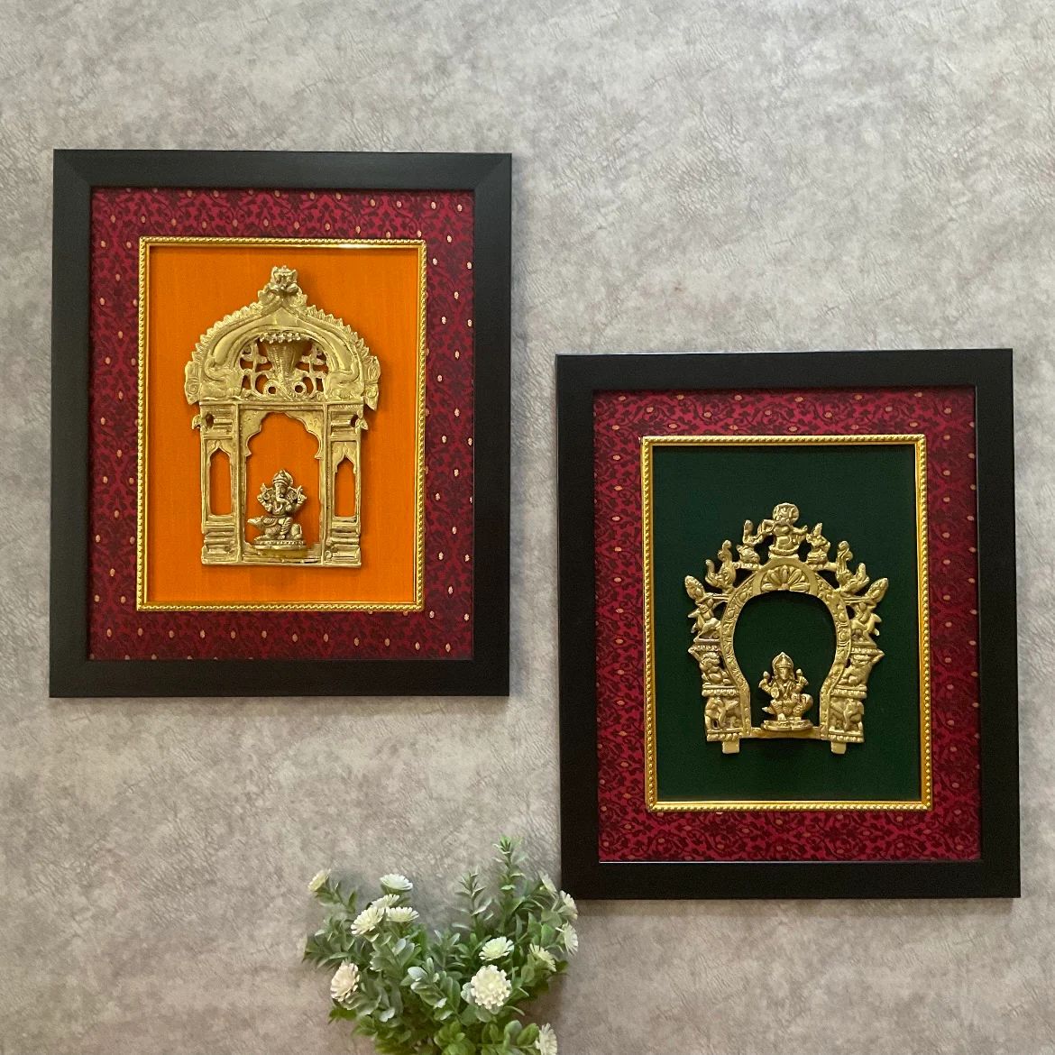 Framed Brass Prabhavali (Set of 2) - Lakshmi Ganesha - Ethnic Wall Decor