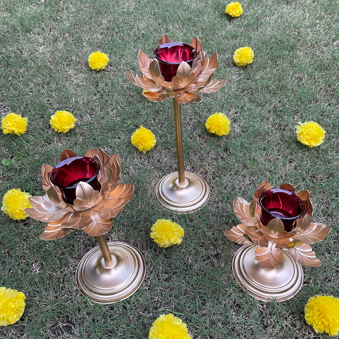 Flower Metallic Glass Candle Holder (Set of 3) - Festive Decor