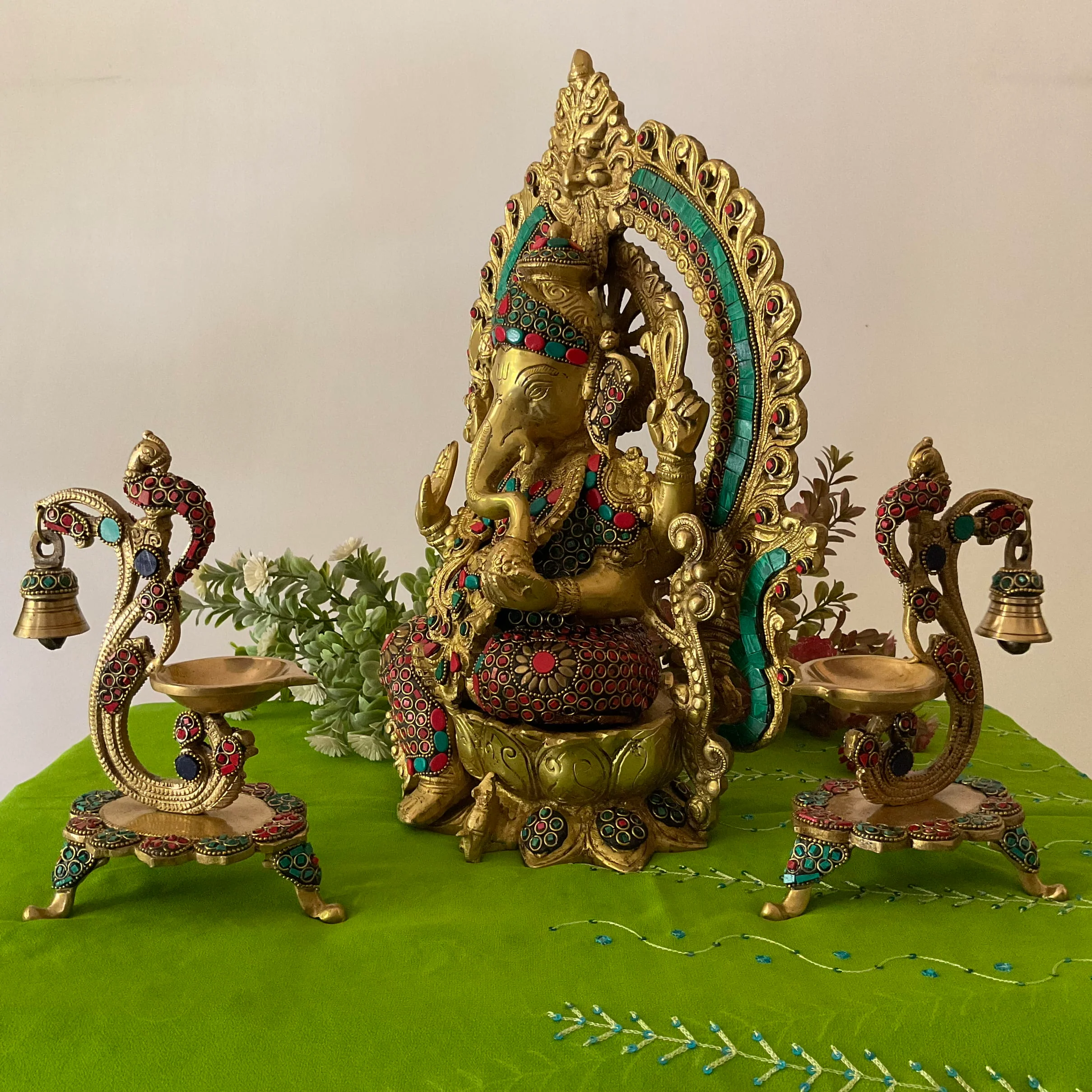 15 Inch Lord Ganesh Brass Idol Stonework And 7 Inch Peacock Diya With Bell Home Pooja Decor (Set of 3)