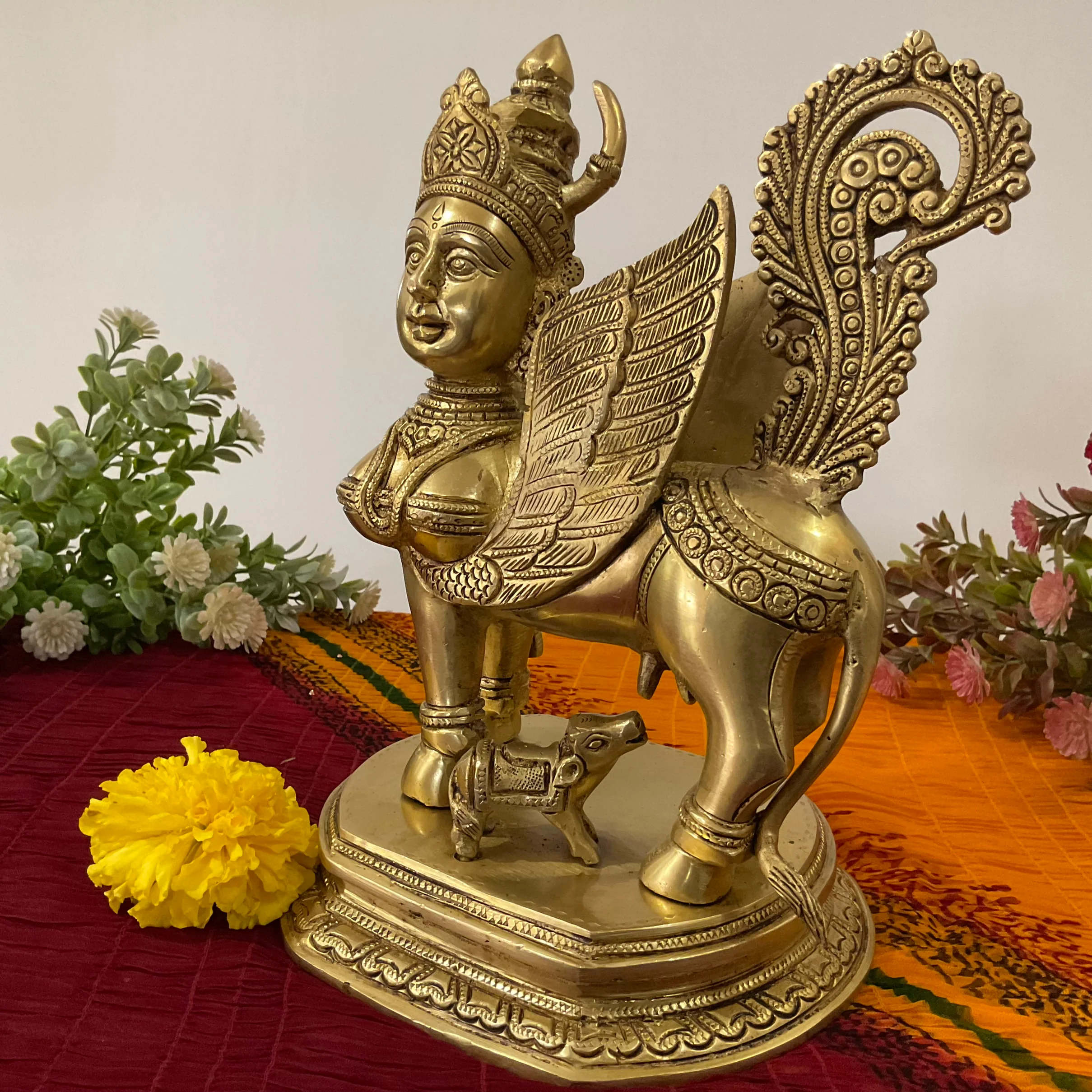 10 Inch Kamadhenu Cow Calf - Handmade Brass Statue -  Decorative Figurine