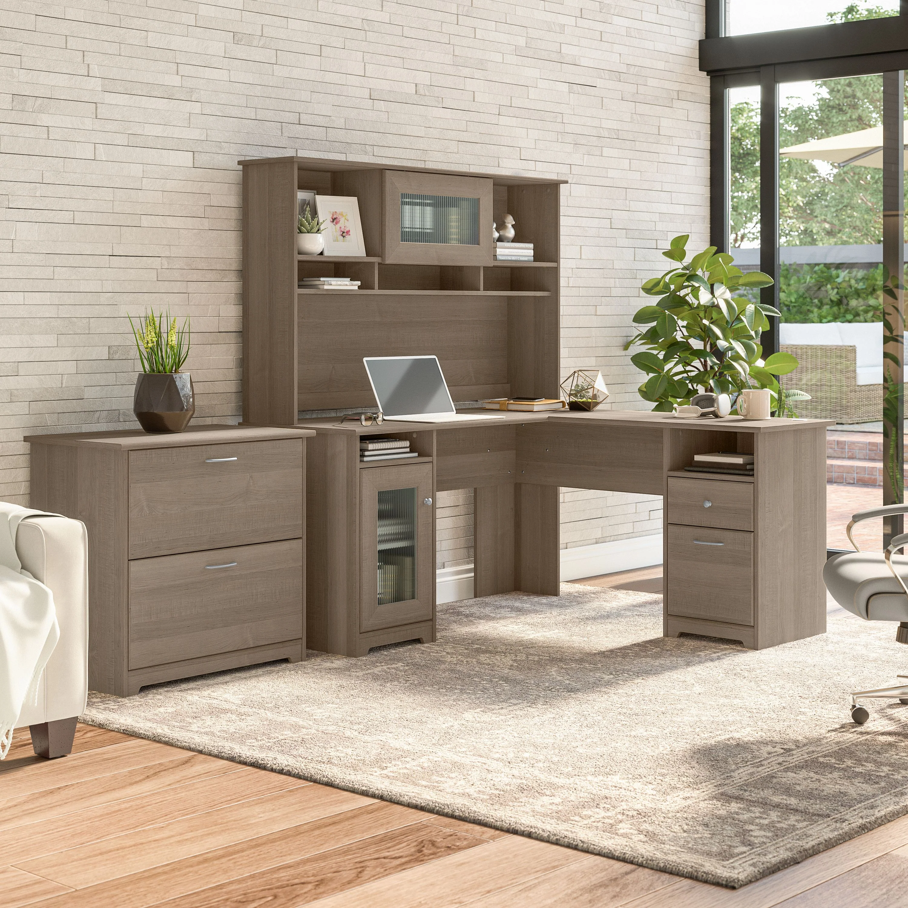 Cabot 60W L Shaped Computer Desk with Hutch and Lateral File Cabinet